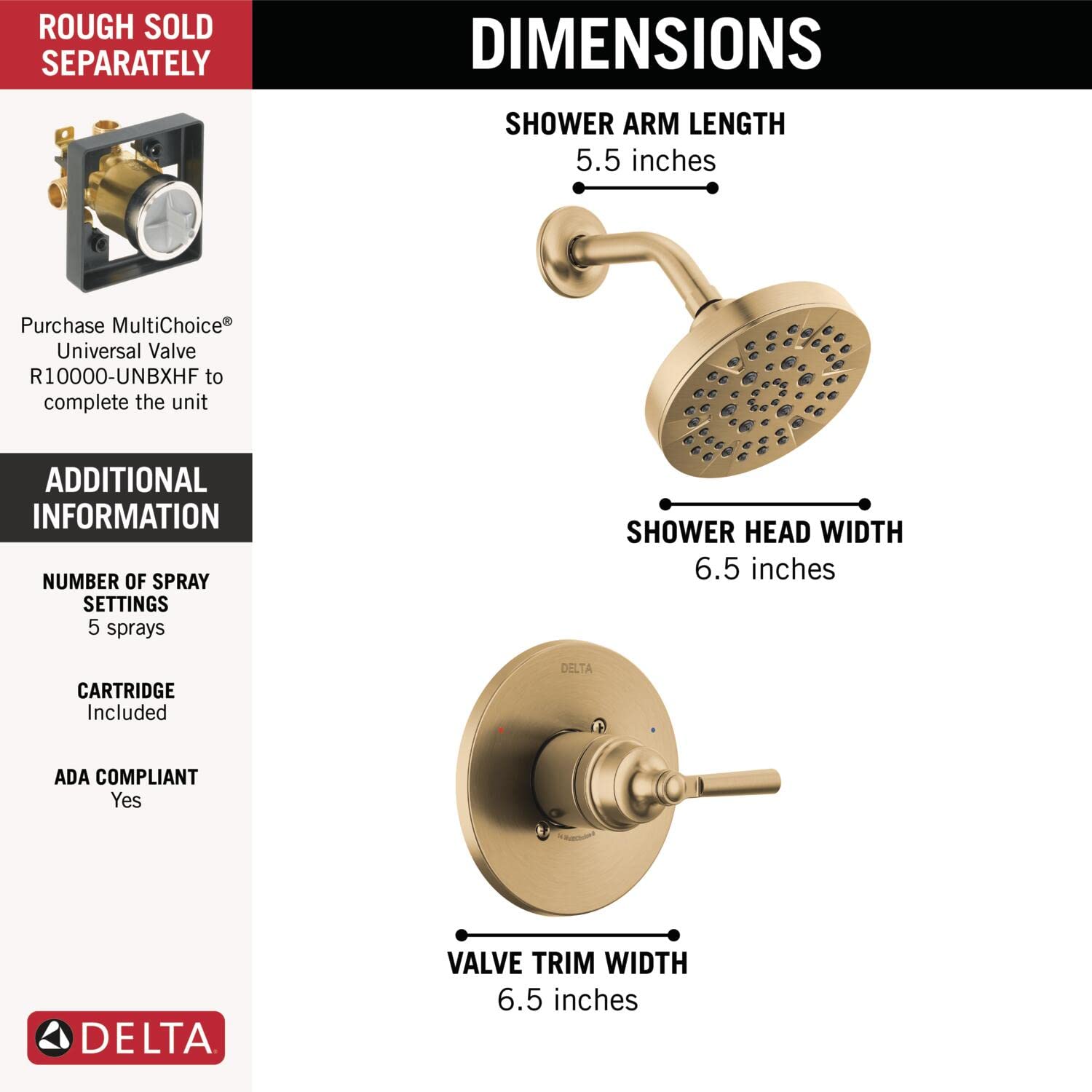 Delta Saylor 14 Series Gold Shower Valve Trim Kit - Shower Faucet Set with Shower Head & Handle in Champagne Bronze T14235-CZ (Valve Not Included) - Perfect for Bathroom Renovation & Luxury Spa Experience