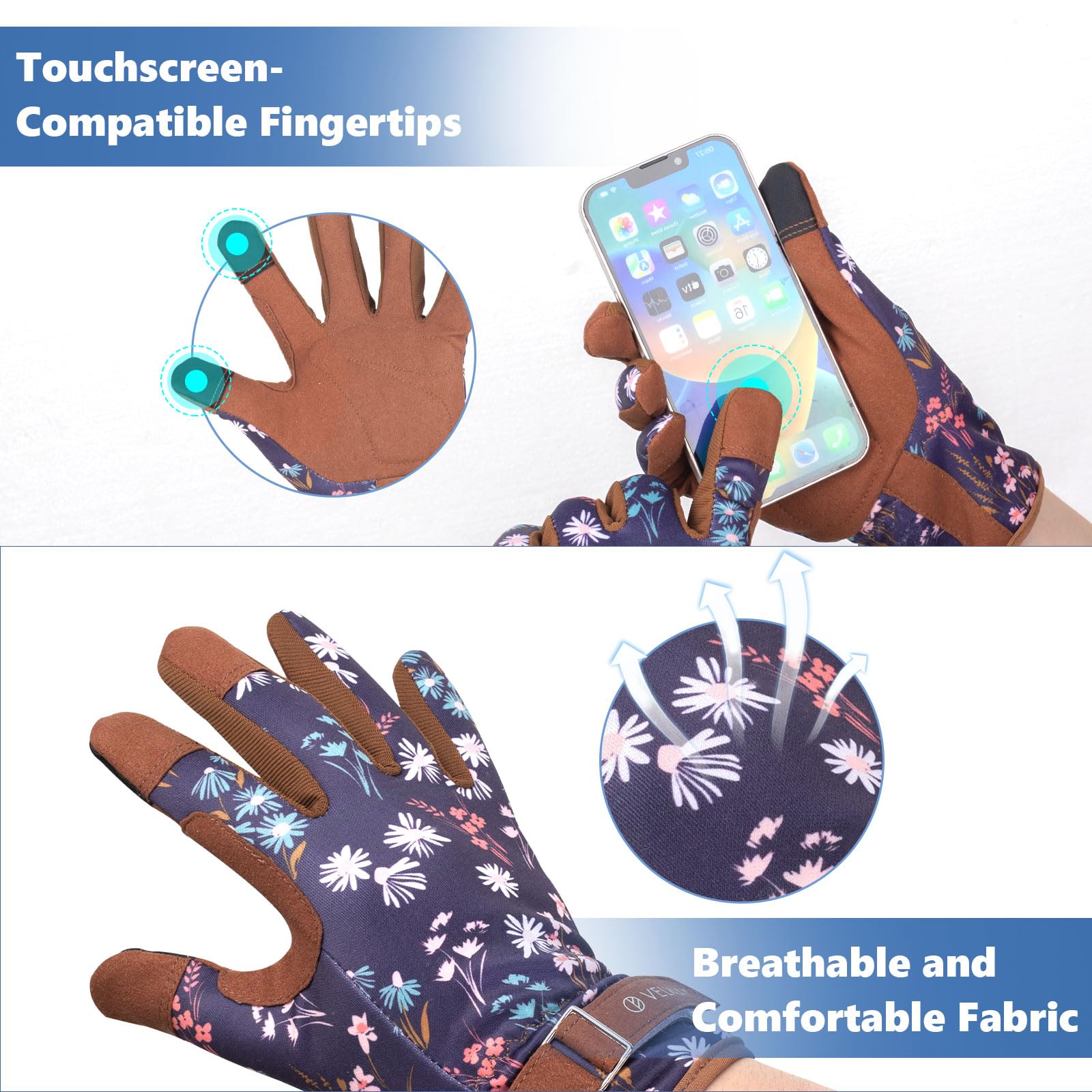 Velway Women's Gardening Gloves - Breathable Flexible Work Gloves with Touchscreen Fingertips for Weeding, Planting, Pruning - Dark Blue, Large - Perfect for Outdoor Garden Work, Landscaping & Farm Use