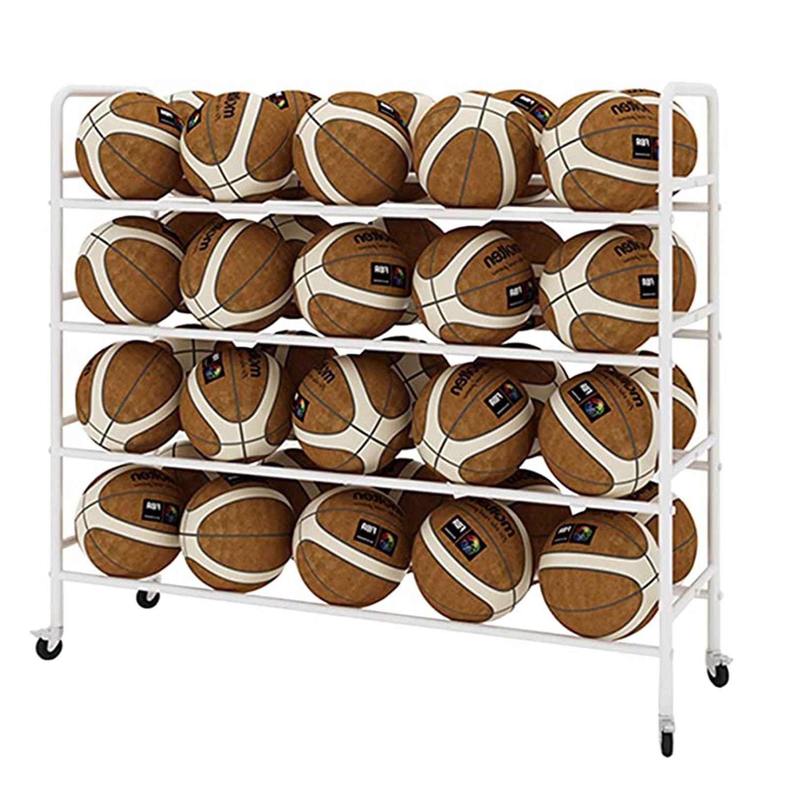 Portable Basketball Ball Rack with Wheels - Heavy Duty Iron Sports Ball Storage Organizer for Garage, Gym & Court - White Basketball Display Stand & Cart for Easy Transport - Perfect for Home, School & Team Sports Equipment Organization