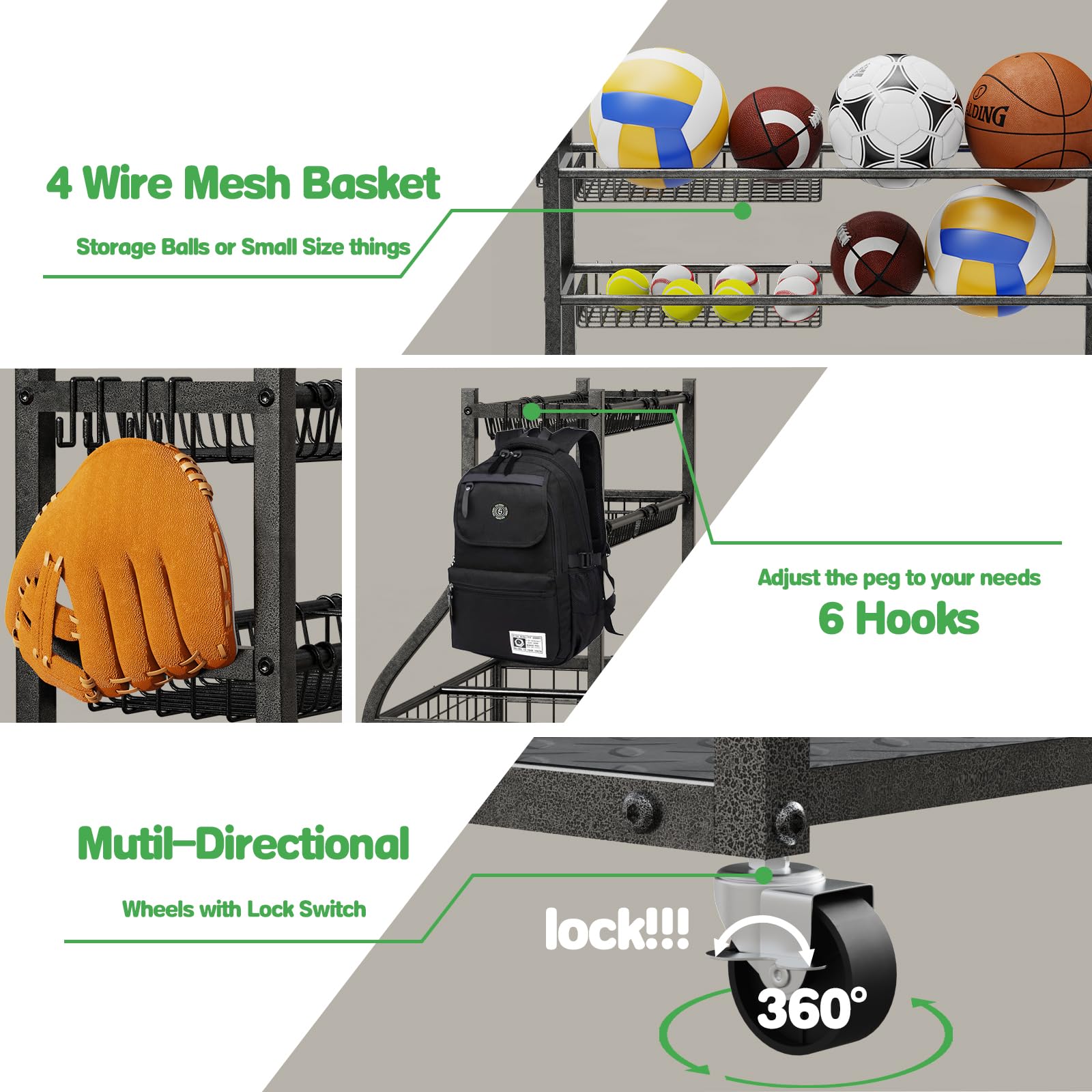 Heavy Duty Garage Sports Equipment Organizer with 4 Baskets & 6 Hooks - Ball Storage Rack for Basketball Soccer Baseball - Garage Organization System for Toys, Bikes & Outdoor Gear - Perfect for Home Gym, Playroom & Backyard Storage