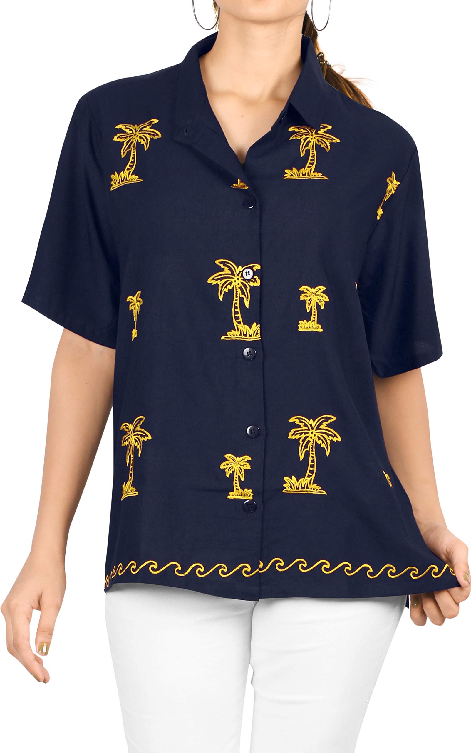LA LEELA Women's Short Sleeve Hawaiian Blouse - Floral Print Vacation Shirt for Beach, Summer & Casual Outfits