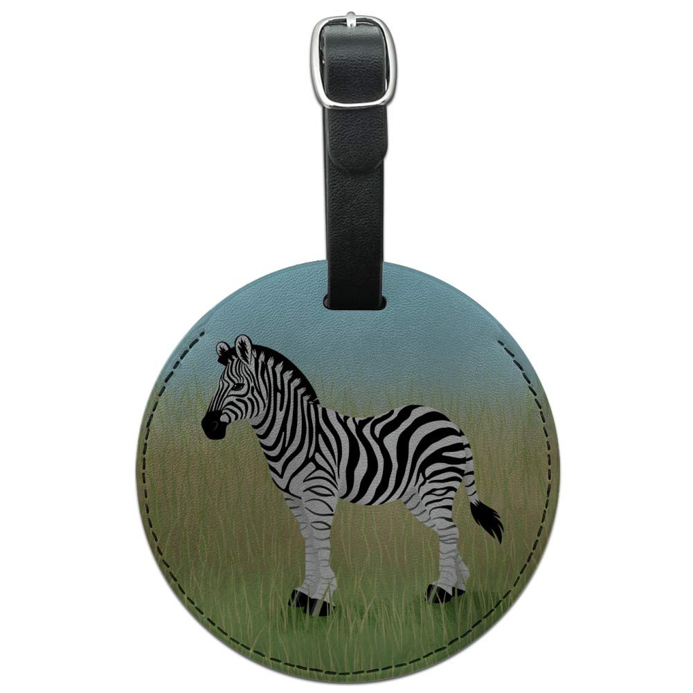 Premium Round Leather Luggage Tag with Zebra in Grasslands Design - Durable Carry-On ID Tag for Suitcases, Backpacks & Travel Bags | Perfect for Air Travel, Business Trips & Vacation Identification