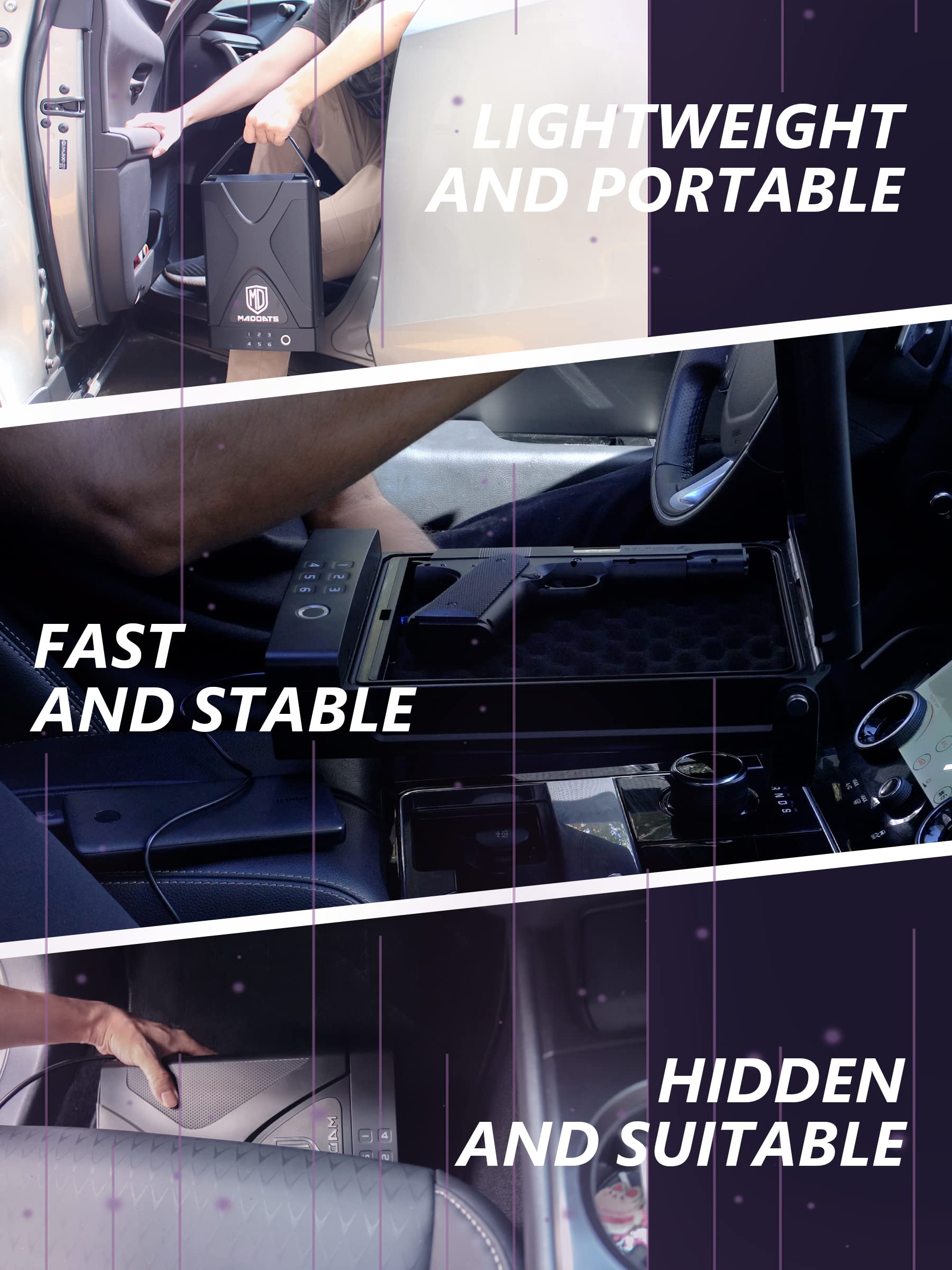 Portable Car Gun Safe - Biometric Fingerprint & Keypad Lock Box for Pistols with Security Cable | Vehicle, Home & Travel Use for Handgun Storage & Safety