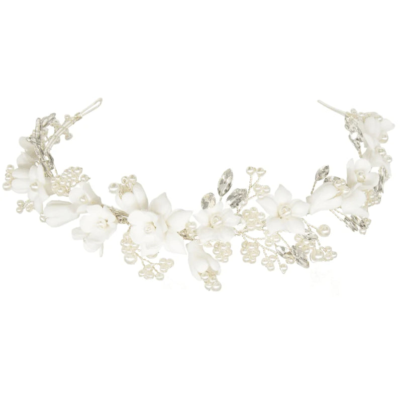Elegant Silver Floral Wedding Headband with Swarovski Crystals & Freshwater Pearls - Bridal Hair Accessory for Weddings, Prom, Quinceañera & Special Occasions