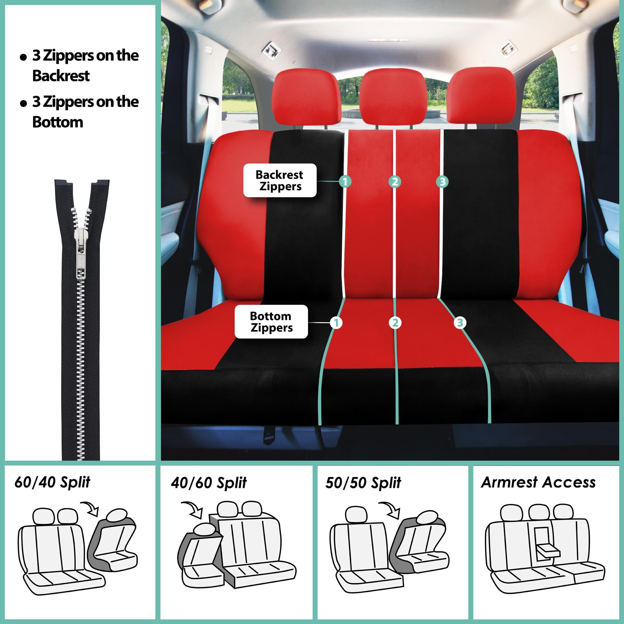 FH Group Light & Breezy Cloth Full Set Car Seat Covers Combo - Universal Fit for Cars, Trucks & SUVs (Steering Wheel Cover, Seat Belt Pads, Black Vinyl Floor Mats) - Red/Black - Perfect for Road Trips & Daily Commute