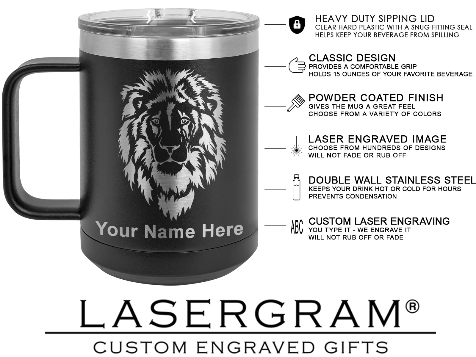 LaserGram 15oz Vacuum Insulated Coffee Mug - Barber Shop Pole Design with Free Personalized Engraving (Black) | Keeps Drinks Hot/Cold for Hours | Perfect for Office, Travel & Outdoor Activities