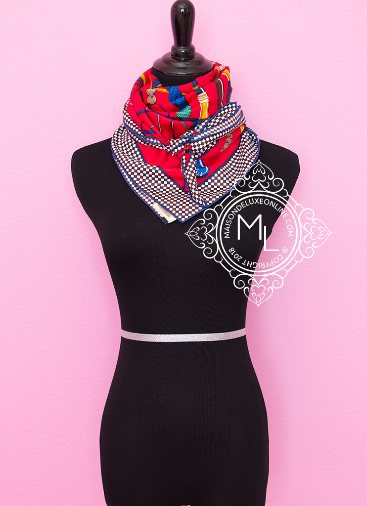Hermes Red Twill Silk 90 cm Fouets et Badines Scarf - Luxury Designer Scarf for Women, Perfect for Gifts, Parties & Special Occasions