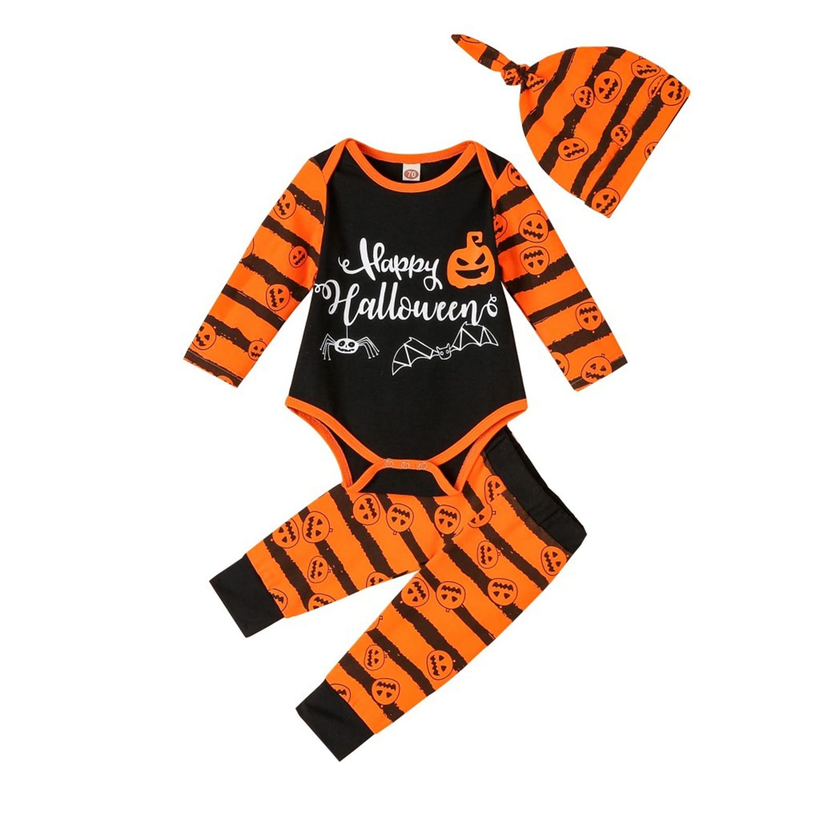 **Baby Halloween Outfit Set - Pumpkin Romper, Striped Pants & Hat for Newborn Boys & Girls | Cute Long Sleeve Costume for Parties & Photo Shoots**
