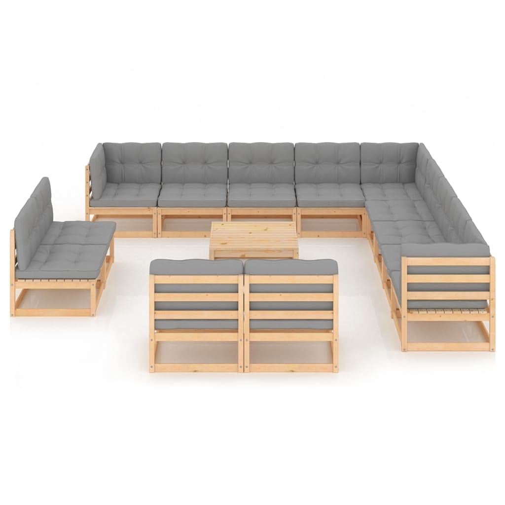 14-Piece Solid Pinewood Garden Lounge Set with Cushions - All-Weather Patio Furniture, Outdoor Sectional Sofa Conversation Set with Dining Table & Chairs - Perfect for Backyard, Poolside, and Garden Relaxation