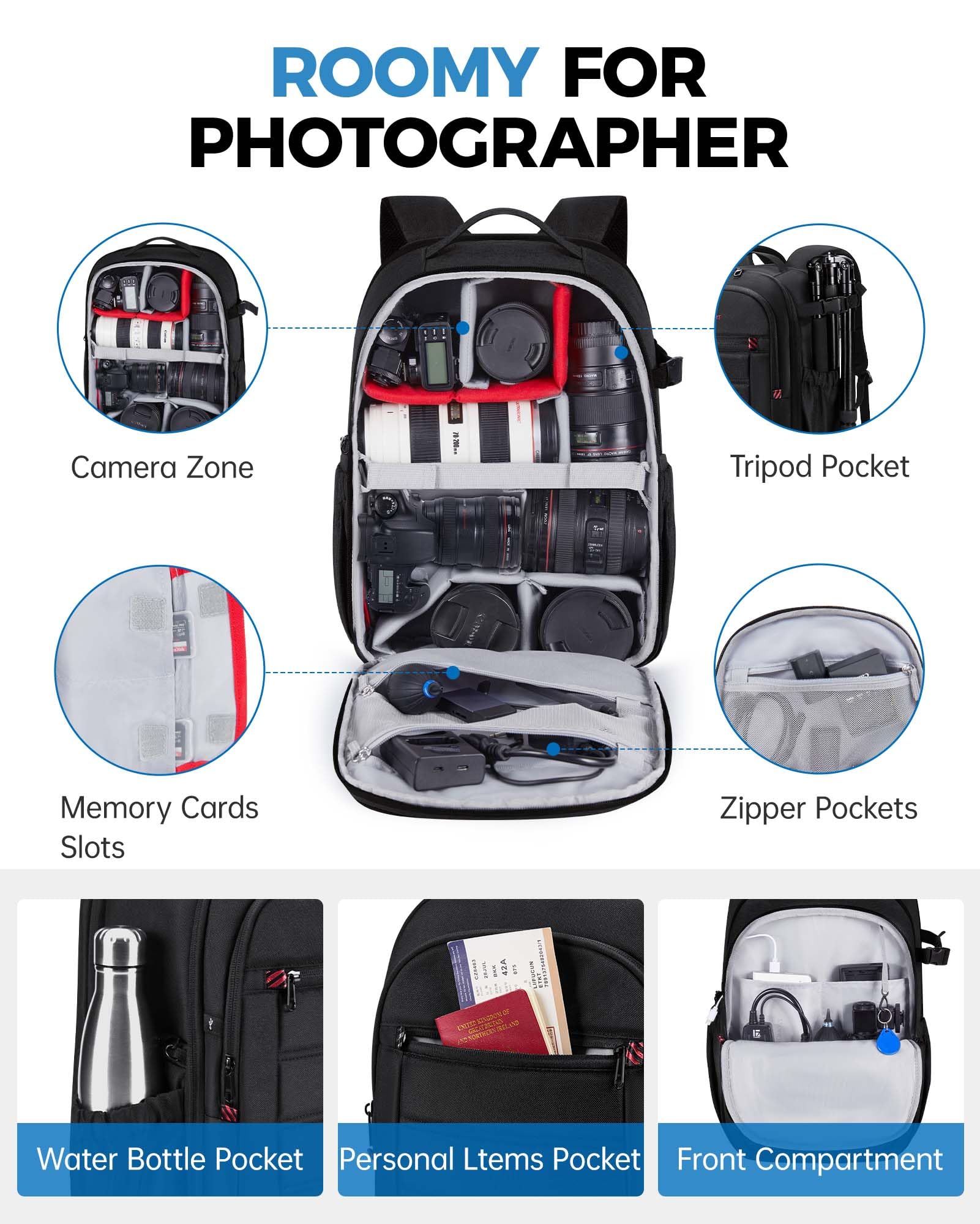 BAGSMART Expandable DSLR SLR Camera Backpack for Photographers - Waterproof Photography Travel Bag with 15.6