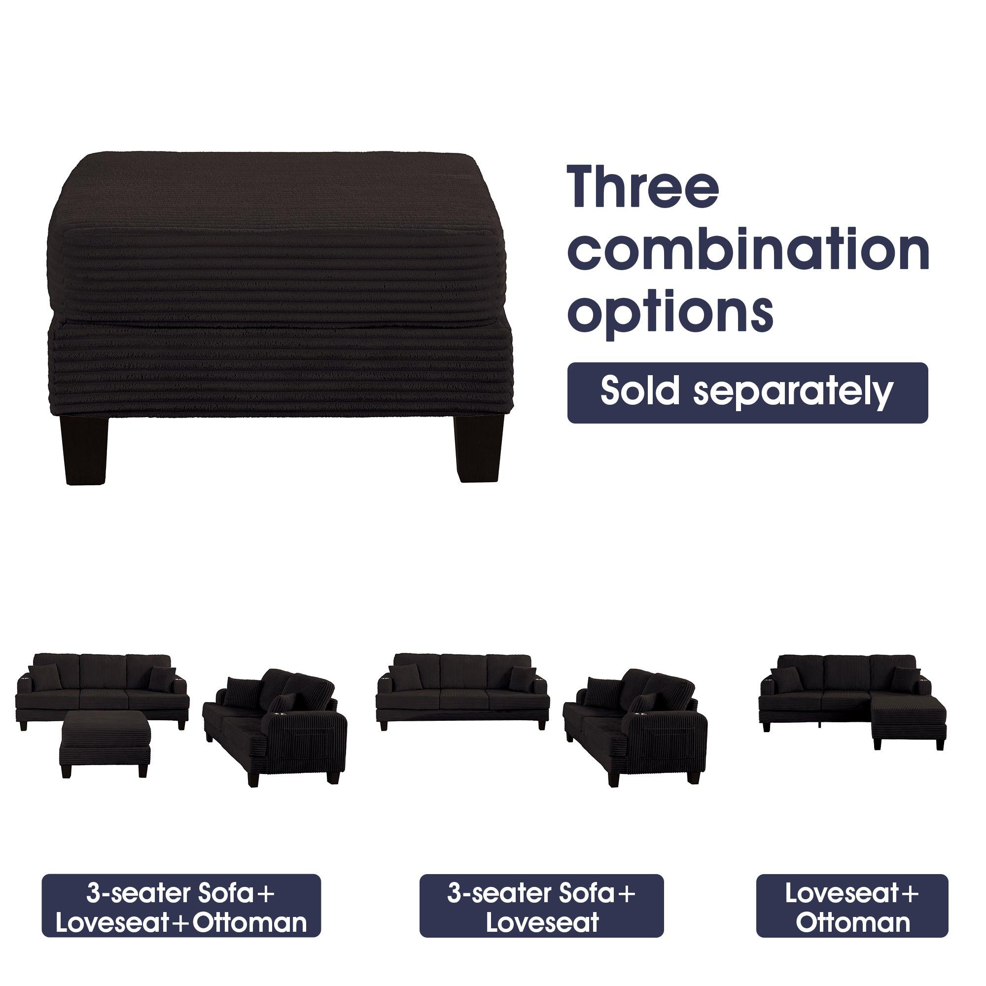 3-Piece Black Sofa Set with Storage Ottoman - Comfy 3-Seater Couch & Loveseat for Living Room | Includes USB Ports, Side Pockets & Throw Pillows | Perfect for Family Gatherings, Movie Nights & Small Space Living