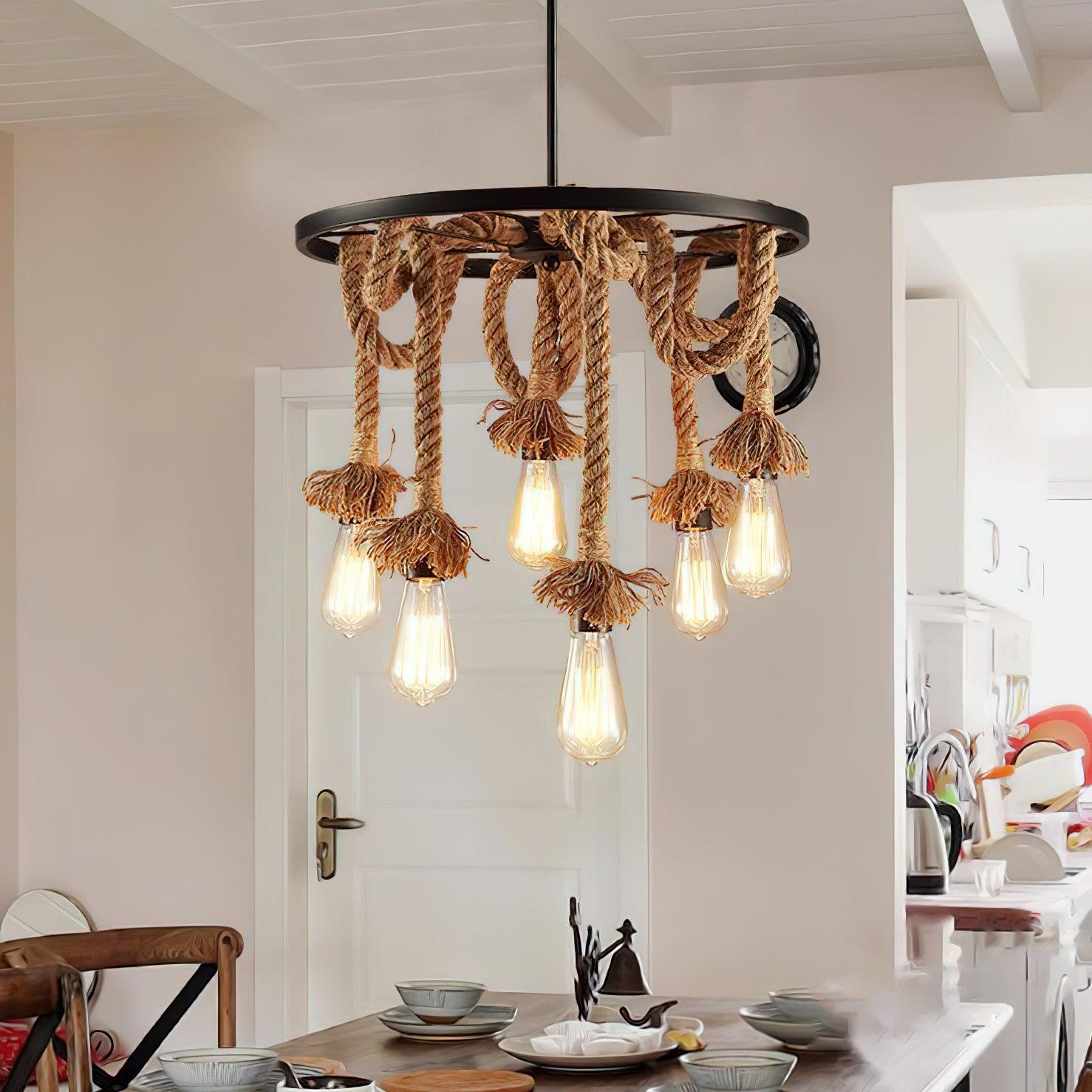 Industrial Hemp Rope Six-Light Chandelier - Rustic Farmhouse Ceiling Lighting Fixture for Dining Room, Living Room or Bedroom