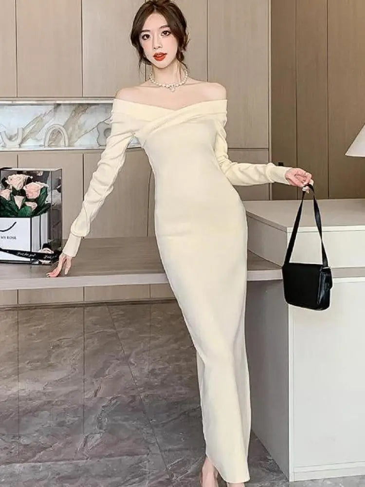 Beige Knit Sweater Dress for Women - Autumn Winter Long Sleeve V-Neck Slim Fit High Waist Elegant Party Dress (Black, Red) - Perfect for Evening Events, Date Nights & Holiday Gatherings
