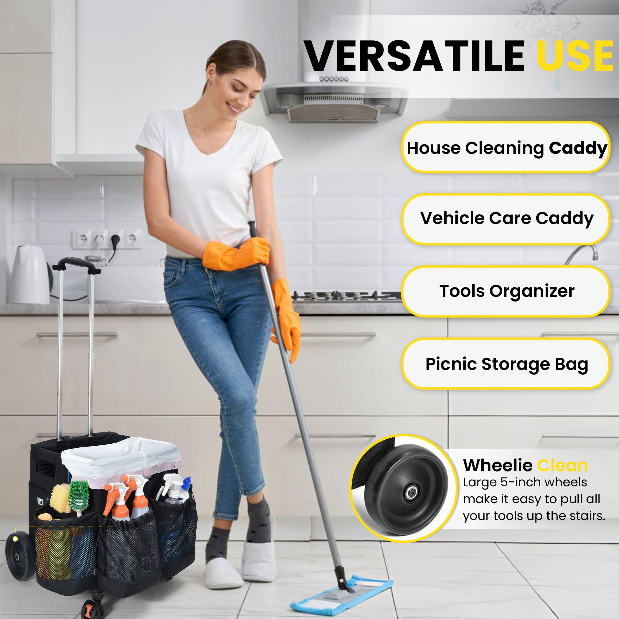 Wheelie Clean - Stair Climbing Cleaning Caddy Organizer with Wheels | Portable Cleaning Supplies Storage for Bathroom, Kitchen & Home Use