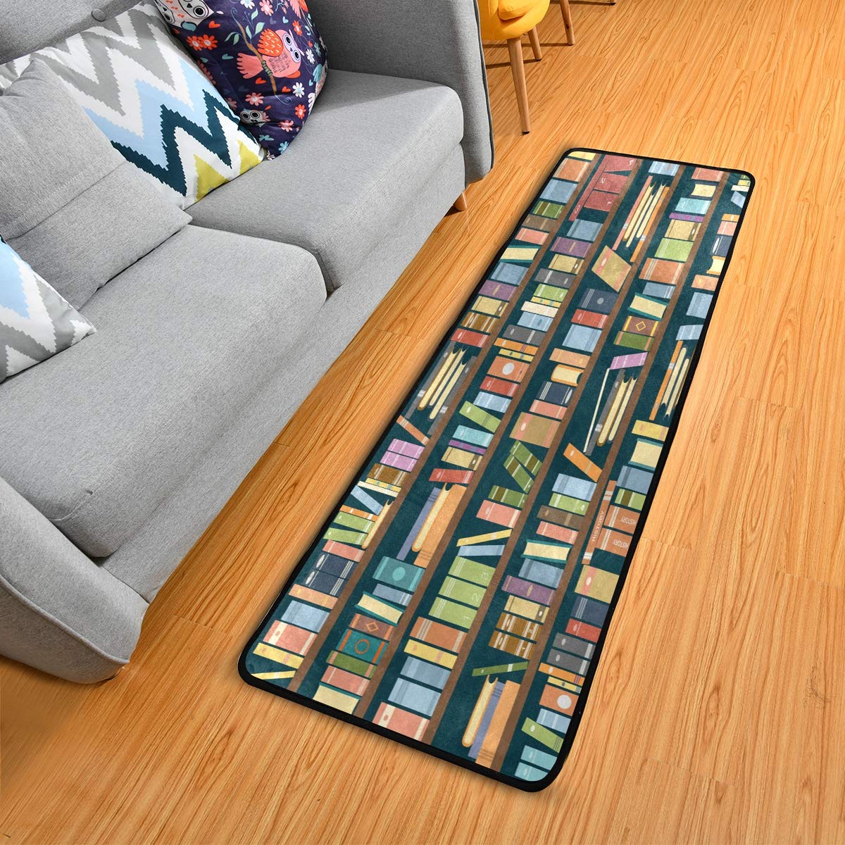 ALAZA Educational Library Bookshelf Bookworm Collection Area Mat Rug - 2' x 6' Non-Slip Floor Rug for Living Room, Bedroom, Kitchen - Perfect for Reading Nooks, Kids Play Areas & Home Decor