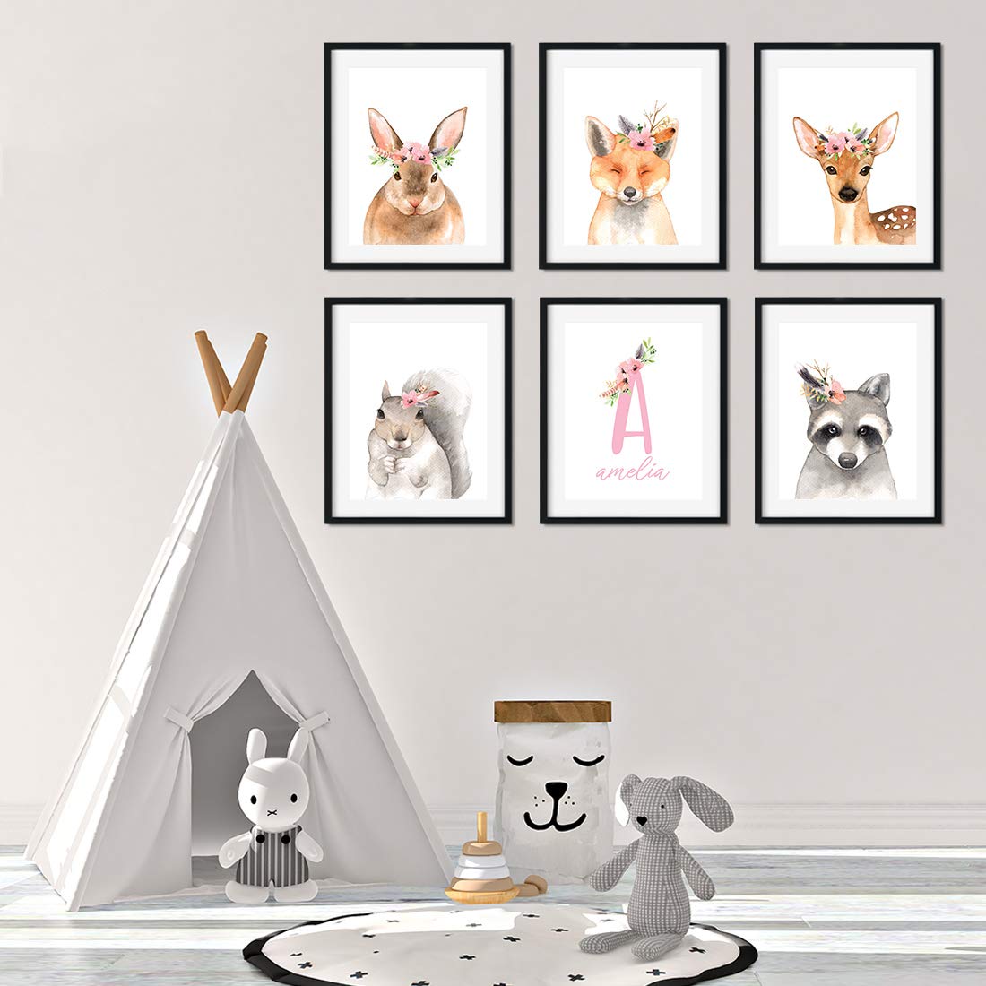 Personalized Nursery Wall Art for Girls - Rustic Forest Floral Animal Theme (6-Pack Unframed 8.5x11