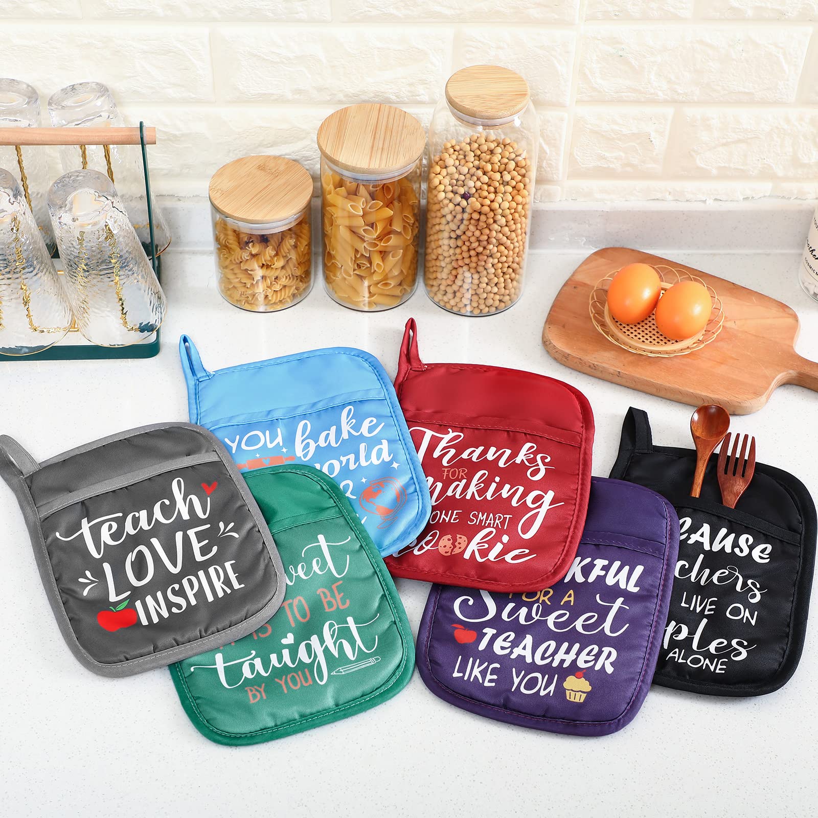 6-Piece Funny Teacher Appreciation Gift Set - Heat Resistant Oven Mitts with Hand Pocket & Hanging Loop - Perfect for Teachers, Women & Cookie Baking Enthusiasts - Ideal for Classroom Gifts, Teacher Week & Holiday Presents