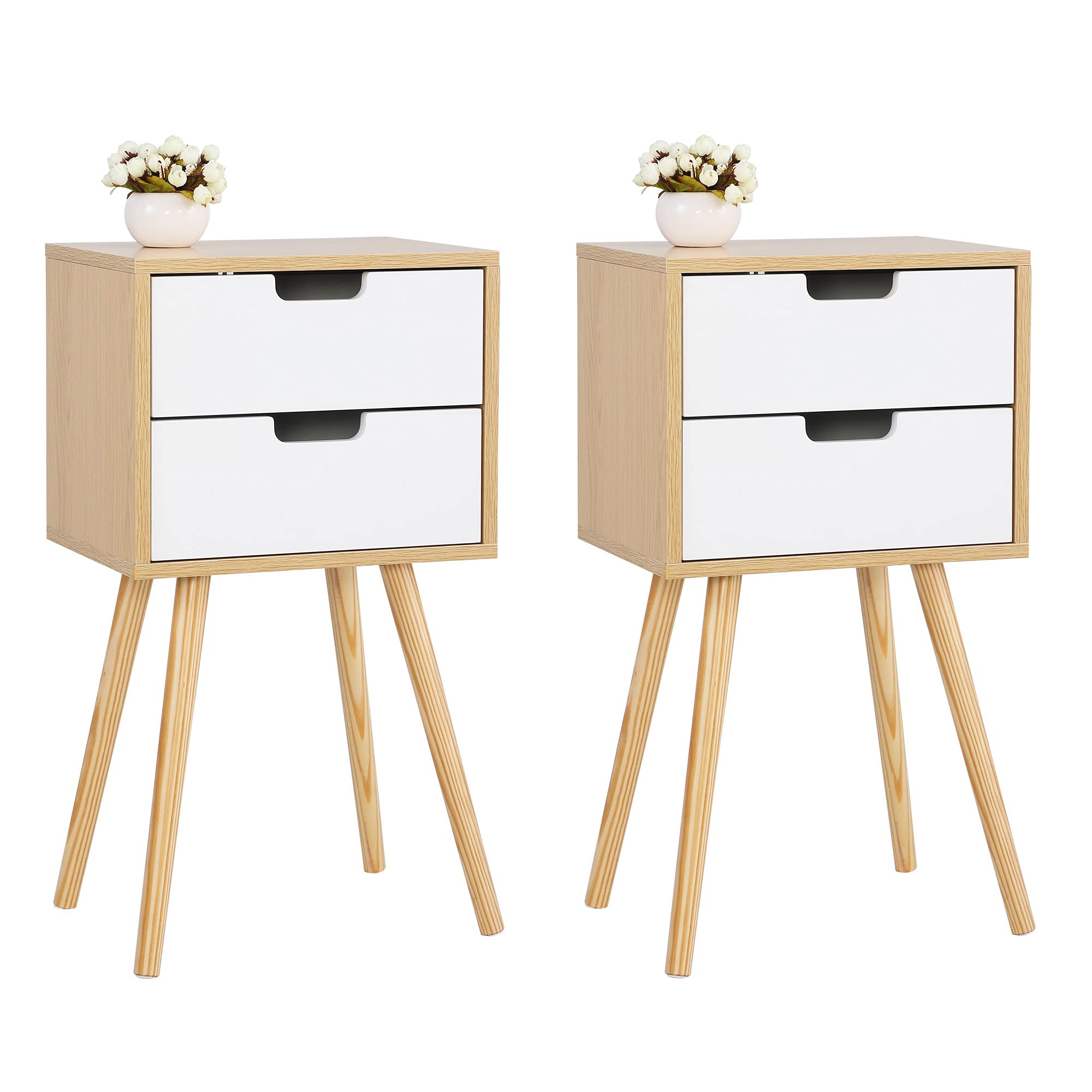 Mid-Century Modern Nightstand Set of 2 - Wooden Bedside Tables with 2 Drawers - Solid Wood End Tables for Bedroom, Living Room & Office - Perfect for Small Spaces & Apartment Decor (A Wood)