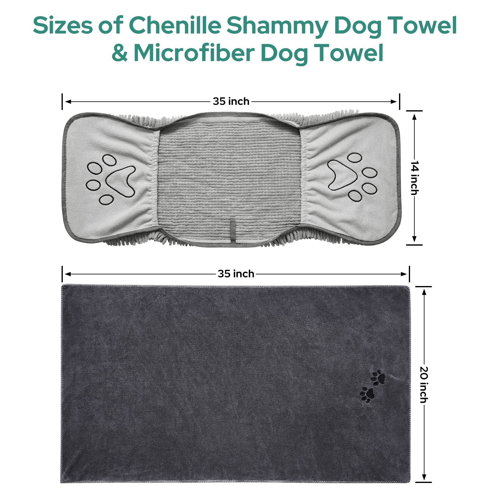 HOMEIDEAS 2 Pack Absorbent Dog Towels Set - Soft Chenille & Microfiber Pet Bath Towels with Hand Pockets for Quick Drying | Perfect for Grooming, Bath Time & After Swimming