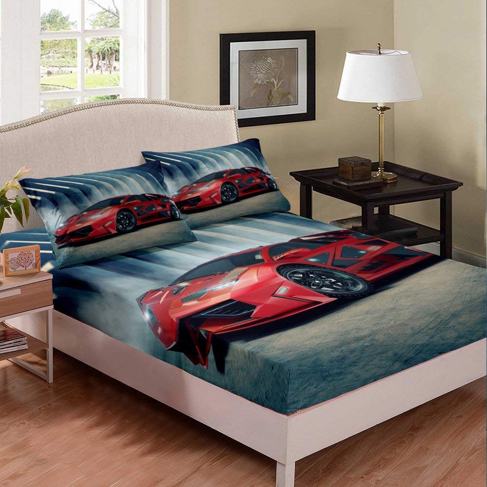 **3D Racing Car Print Duvet Cover Set - Twin XL Soft Microfiber Bed Sheets for Boys & Teens (1 Fitted Sheet + 1 Pillowcase) - Cool Red Sport Car Design for Kids' Room Decor & Racing Theme Bedroom**