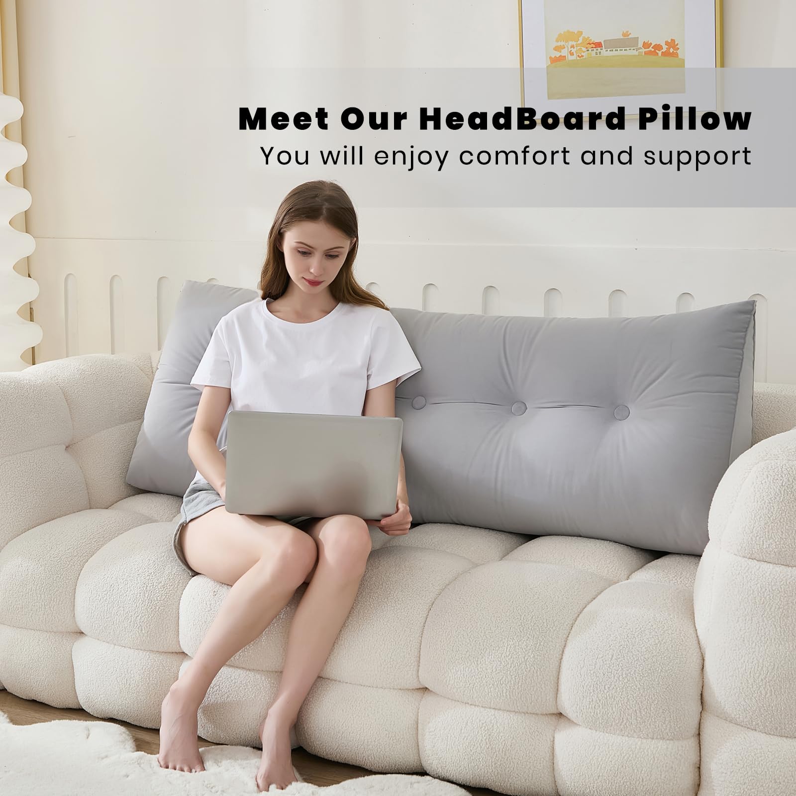 Triangular Wedge Pillow Headboard for Queen Bed - Soft Support for Reading & Resting - Removable Cover - Chalk Grey (59