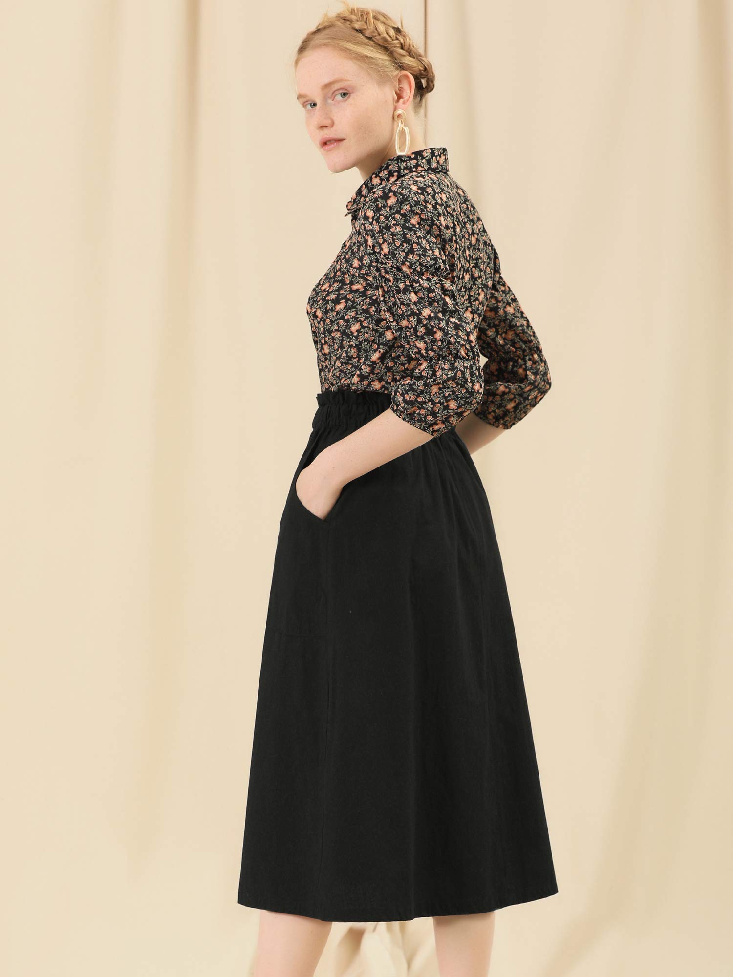 Allegra K Women's Casual Cotton Skirt with Elastic Waist & Pockets - A-Line Midi Peasant Skirt for Work, Travel & Everyday Wear