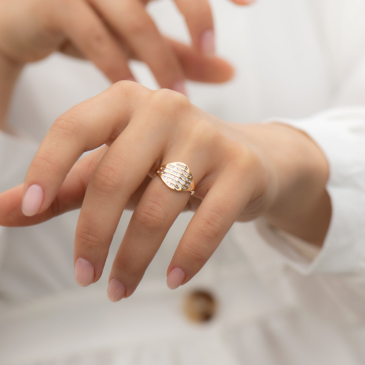 14K Gold Halo Ring with Baguette Diamond Pave - Elegant Wedding Band, Anniversary Gift for Her, Perfect for Engagement & Special Occasions
