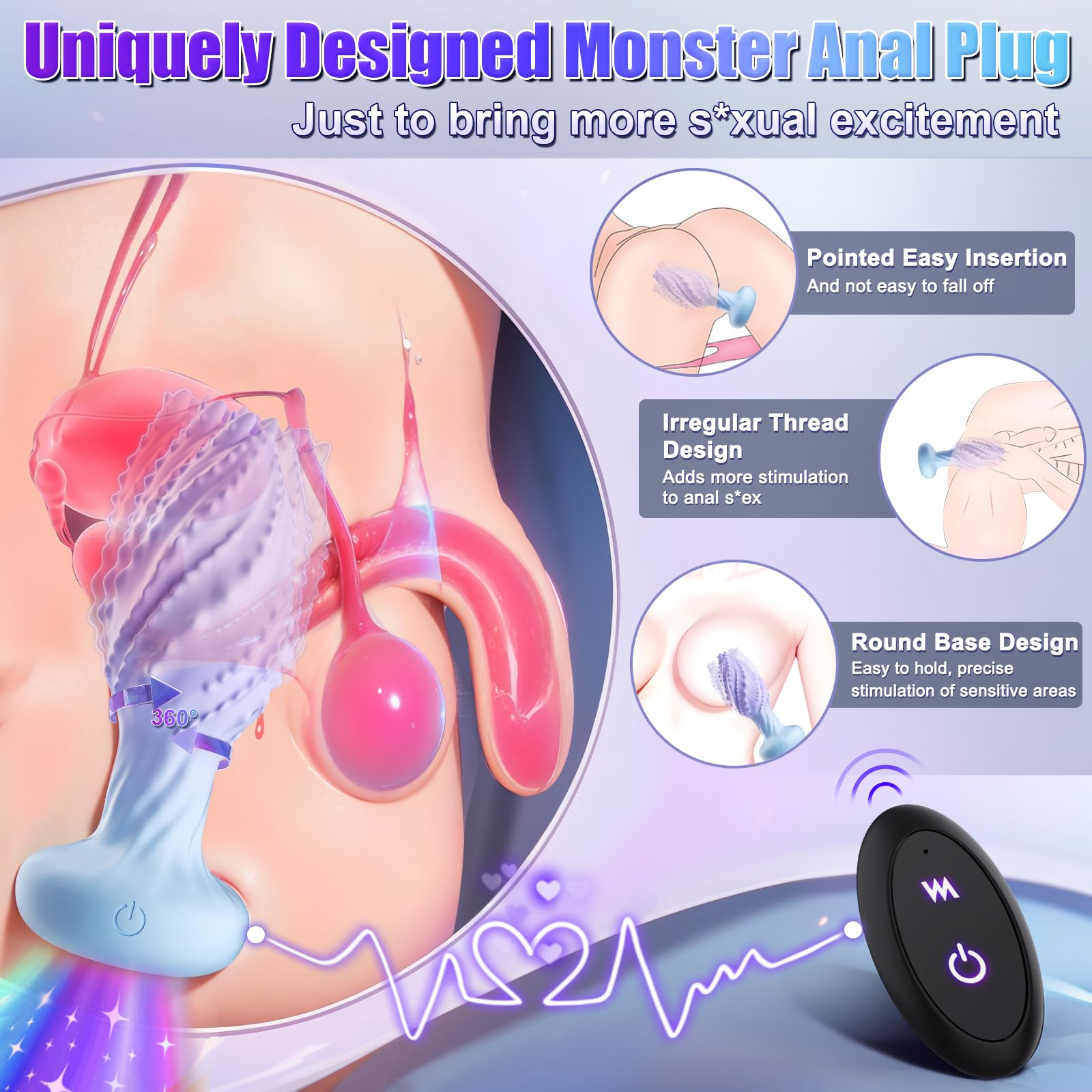 360° Rotating Vibrating Anal Plug with Remote Control - Prostate Massager for Men & Women, 10 Vibration Modes & LED Light - Adult Sex Toy for Couples, Solo Play & BDSM Exploration