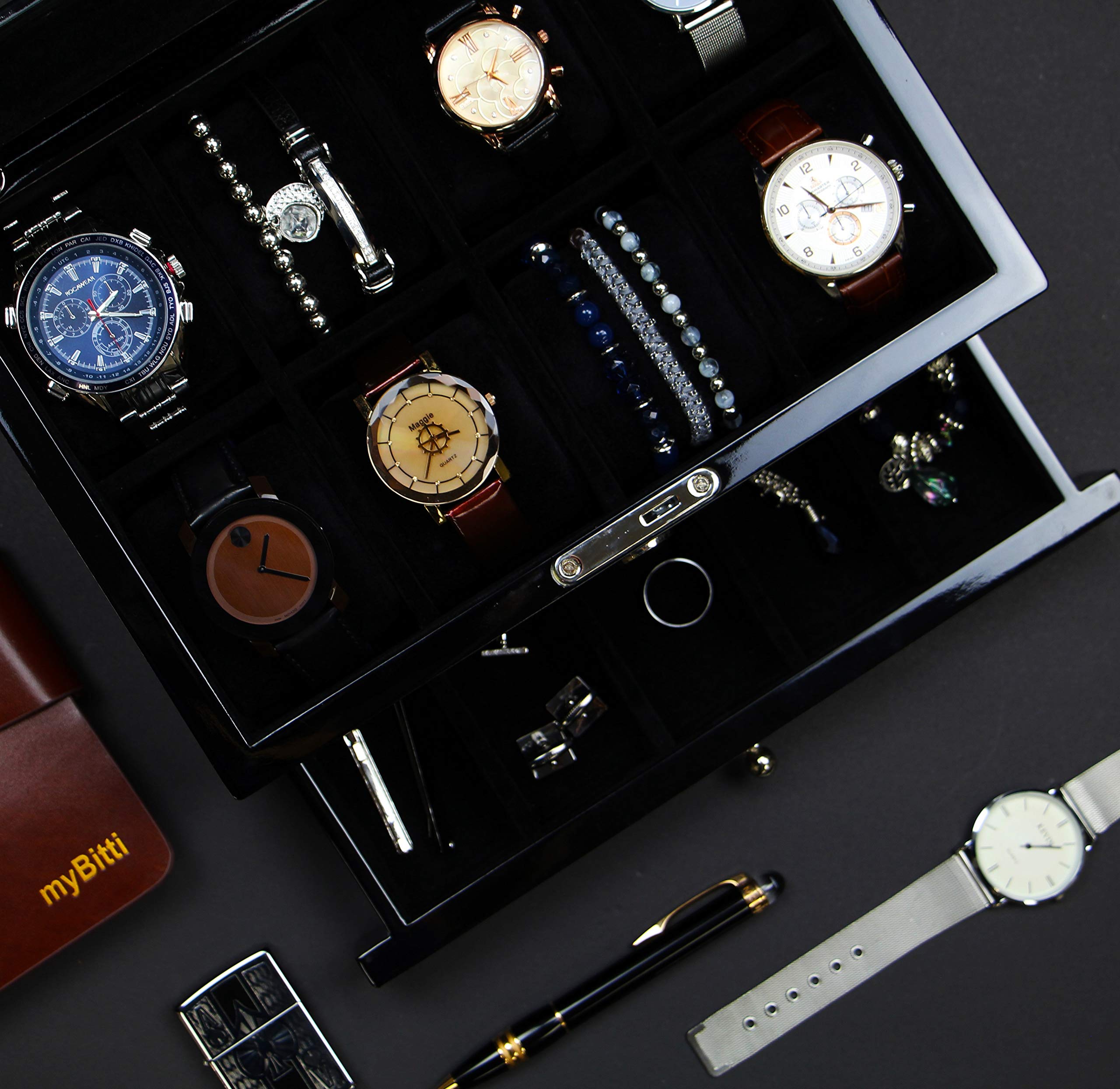 Luxury Carbon Fiber Watch & Cufflink Jewelry Box Set - Elegant Gift for Men, Wedding, Anniversary & Special Occasions - Perfect for Displaying Watches and Cufflinks in Style