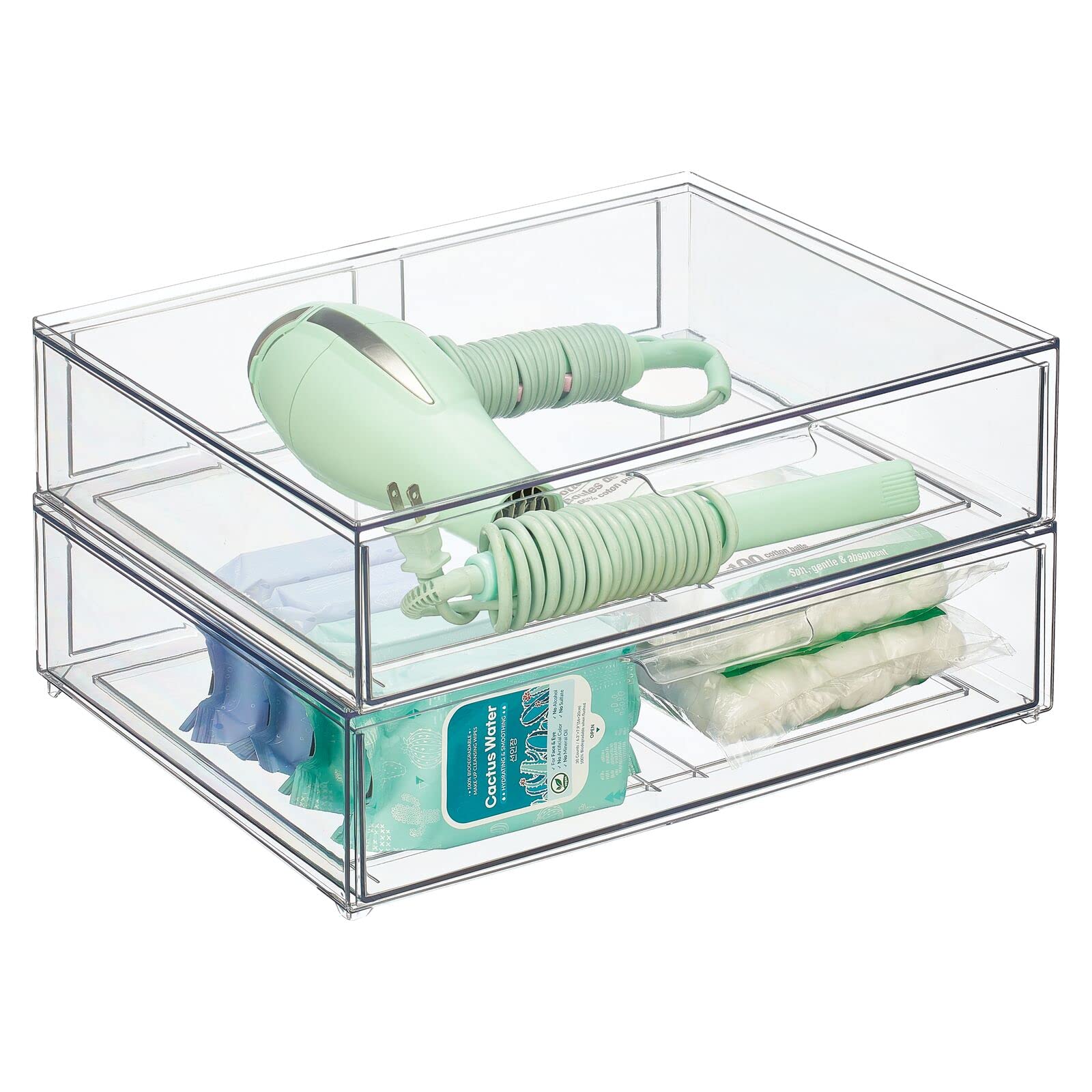 mDesign Wide Plastic Stackable Bathroom Storage Organizer Bin with Pull-Out Drawer - 2 Pack Clear - Cabinet, Vanity, Shelf & Closet Organization - Perfect for Bathroom, Bedroom & Laundry Room Storage Solutions