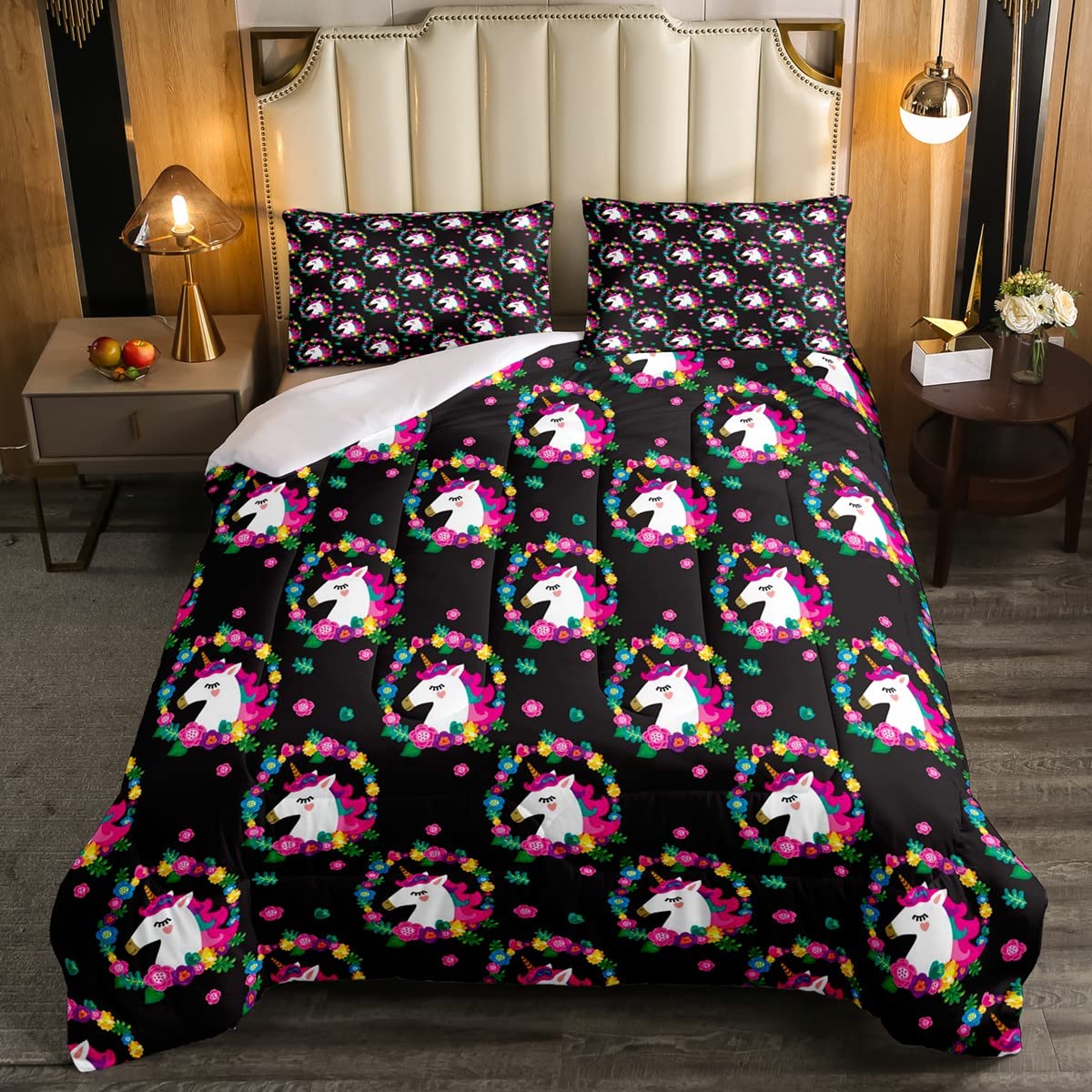 **Magical Unicorn Bedding Set Full Size - Colorful Floral Quilted Duvet Cover with Cartoon Unicorn Design, Cute & Dreamy Comforter Set for Girls Bedroom Decor - Perfect for Kids Room, Teen Bedroom & Fantasy Themed Nursery (Black)**
