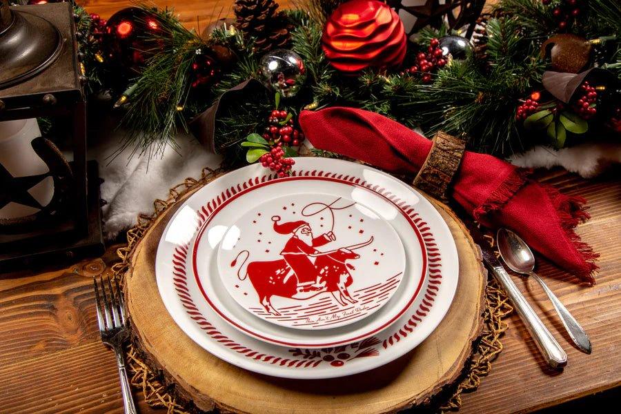 Santa's Longhorn Sleigh Plate Set - 4-Piece Christmas Dinnerware for Holiday Entertaining | Rustic Western Style Ceramic Plates for Christmas Parties, Family Gatherings & Festive Decor