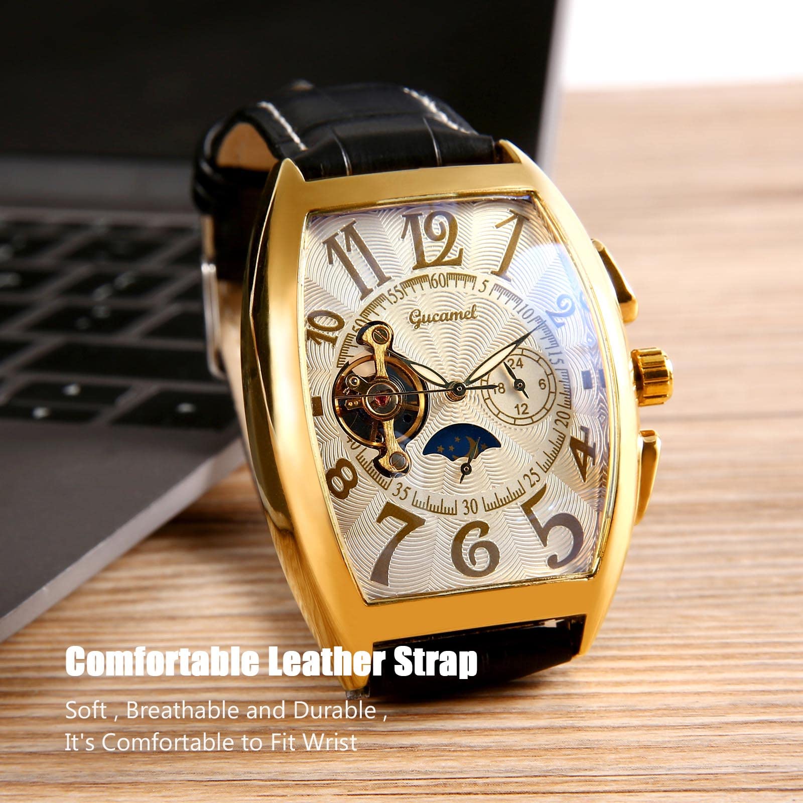 Premium RORIOS Men's Automatic Mechanical Watch with Genuine Leather Strap - Skeleton Dial Tourbillon Watch for Business & Formal Occasions - Luxury Dress Wristwatch for Men