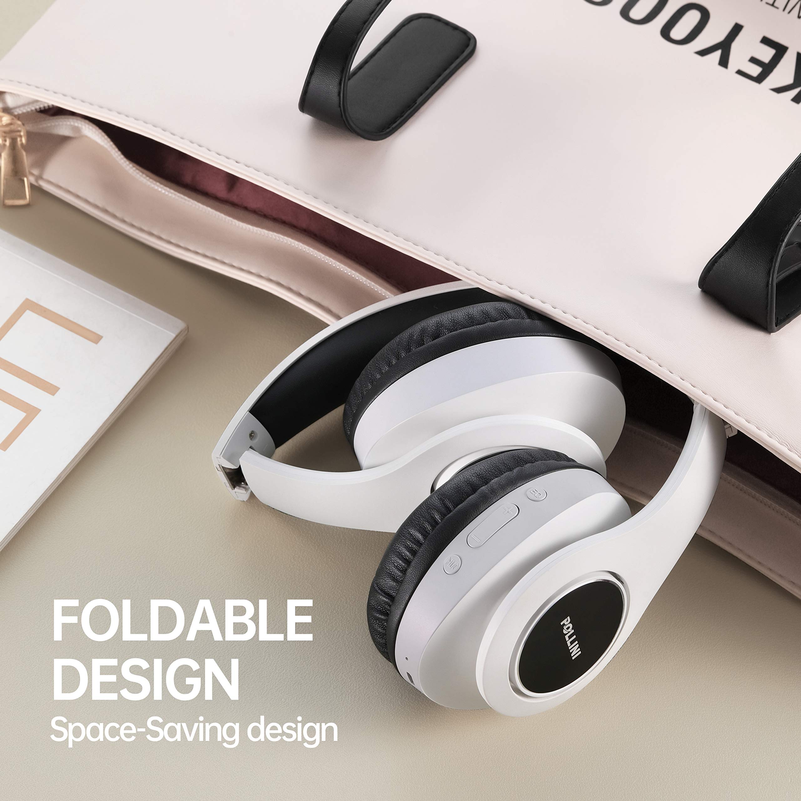 Pollini Bluetooth Headphones Wireless Over Ear - 40H Playtime, Foldable Design with Microphone & Deep Bass Stereo - Soft Memory-Protein Earmuffs for iPhone, Android, PC (White) - Perfect for Travel, Workouts & Home Office Use