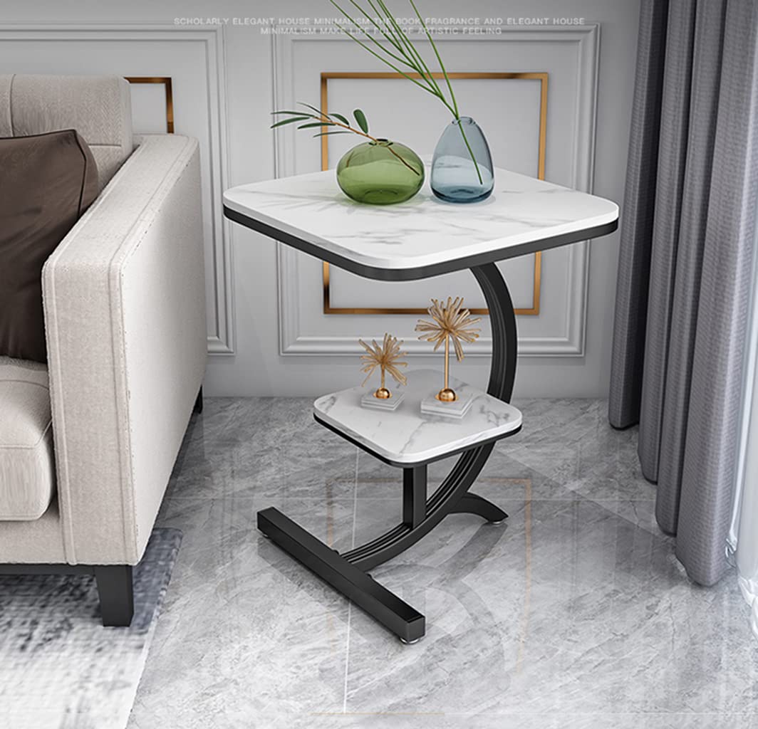 Luxury 2-Tier Marble Side Table - Square Corner End Table for Living Room, Bedroom, Hotel | Modern Sofa Table & Nightstand | White & Black Marble Finish | Perfect for Coffee, Books & Decor