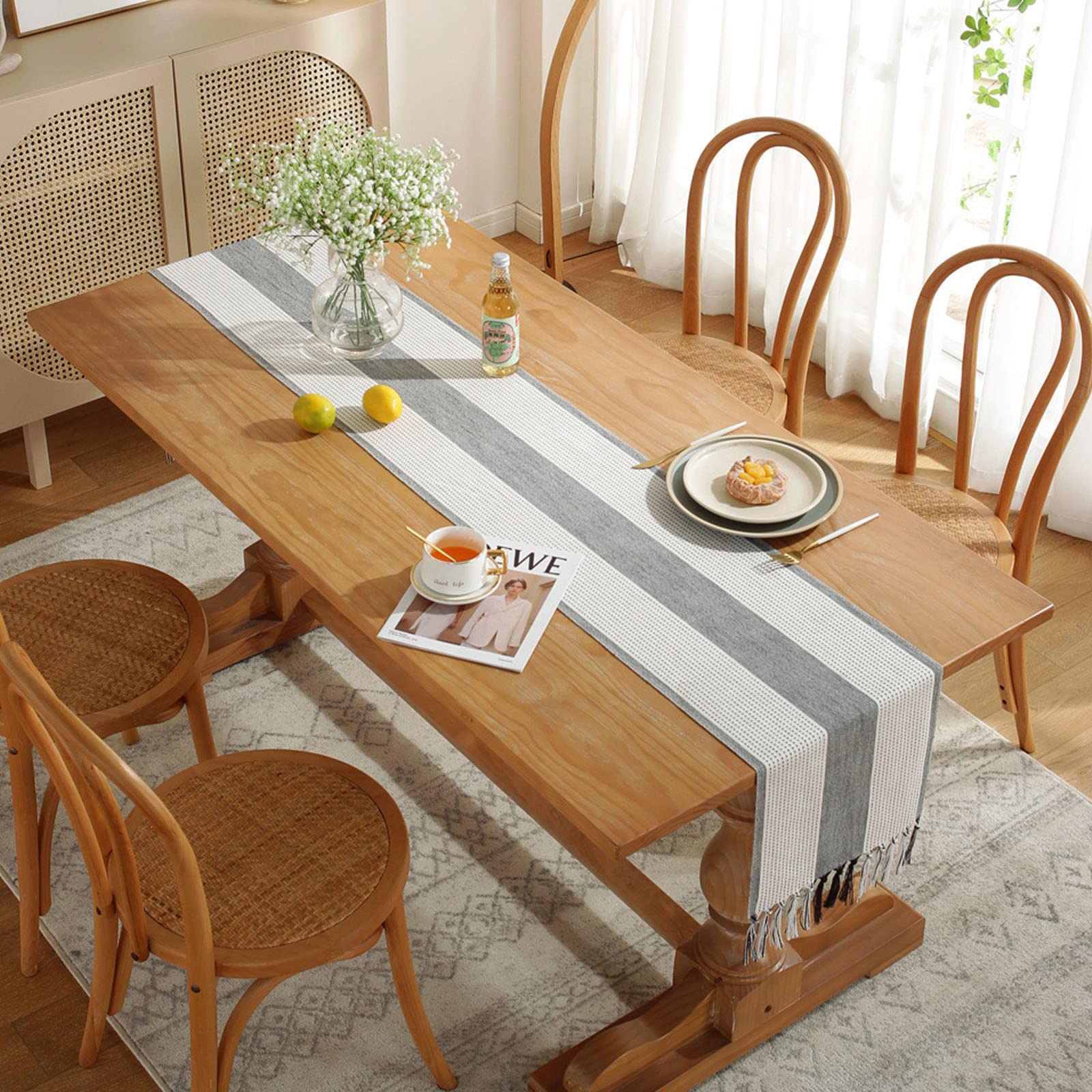 Boho Hemstitched Linen Table Runner 72 Inches Long with Tassels - Rustic Farmhouse Style Table Decor for Dining Room, Holiday Party & Dresser - 13 x 72 Inch Grey - Perfect for Wedding, Thanksgiving & Christmas Decorations