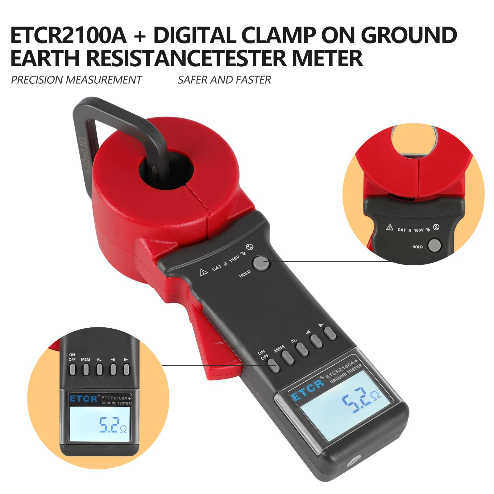 ETCR2100A+ Digital Clamp Ground Earth Resistance Tester Meter 0.01Ω-200Ω - Professional Electrical Testing Tool for Industrial Maintenance & Home Safety Inspections