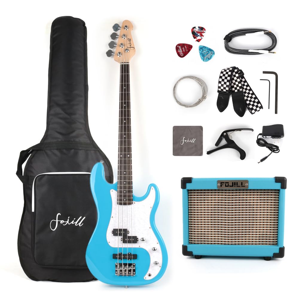**4-String Full Size Electric Bass Guitar Starter Kit with 10W Amp, Gig Bag, Picks, Capo & Noise-Free Cable – Perfect for Beginners, Practice & Live Performances (Blue)**