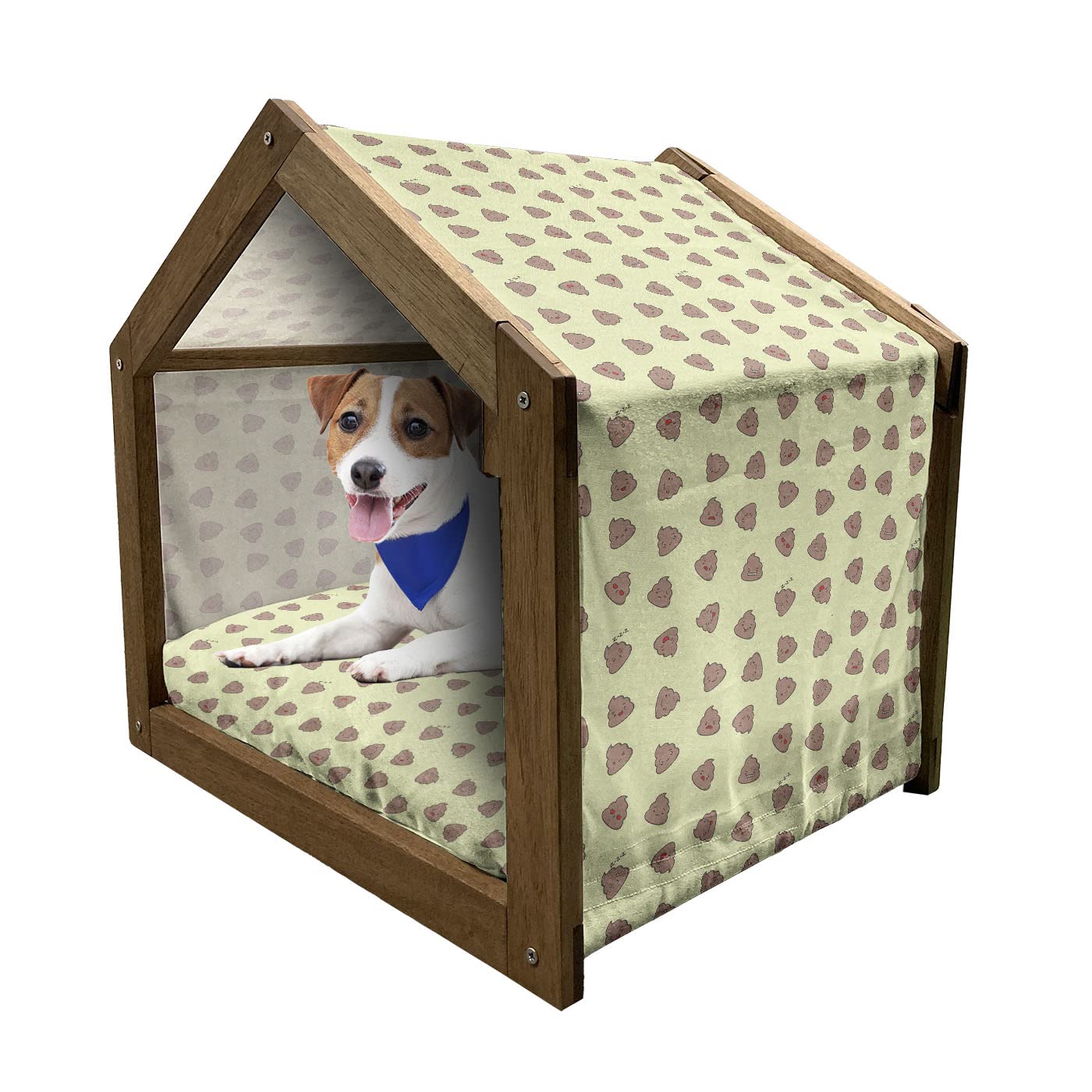 Ambesonne Wooden Dog House with Poop Emoticon Design - Kawaii Style Pet Kennel for Small Dogs - Indoor & Outdoor Portable Dog Bed with Pillow Cover - Pale Yellow & Warm Taupe - Perfect for Home, Yard, and Travel Use