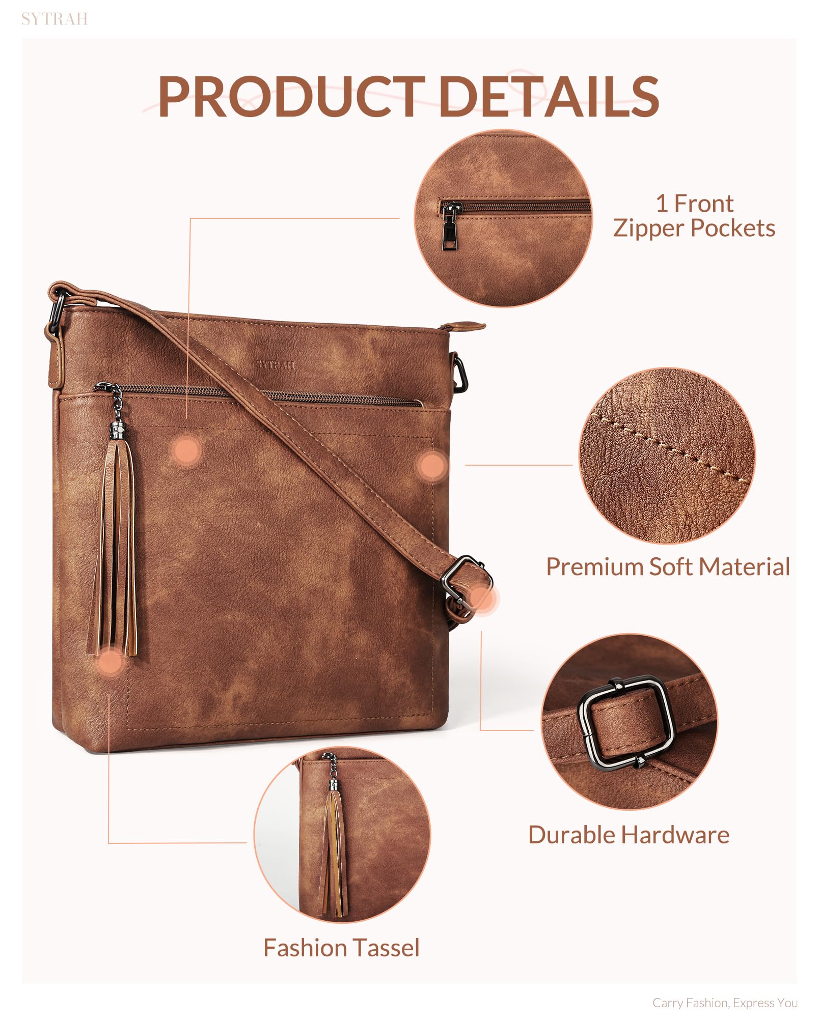 Premium Vegan Leather Crossbody Bag for Women - Adjustable Strap Lightweight Shoulder Purse with Tassel | Perfect for Work, Travel & Everyday Use