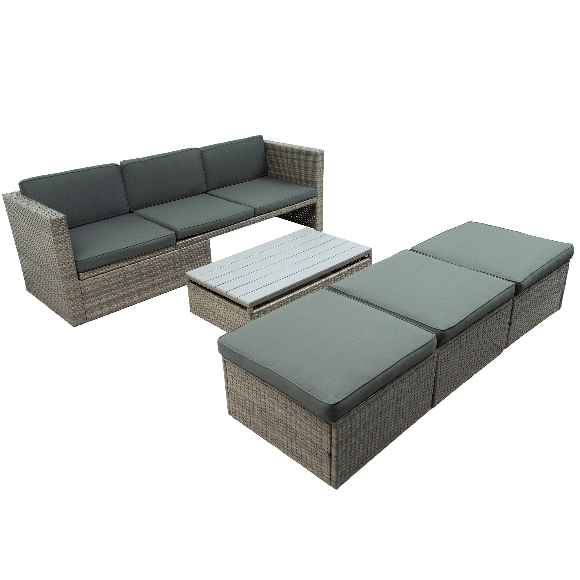 5-Piece Outdoor Patio Furniture Set - PE Wicker Conversation Set with Adjustable Backrest, Cushions, Ottomans & Lift-Top Coffee Table (Gray) - Perfect for Garden, Backyard, Poolside & Outdoor Entertaining