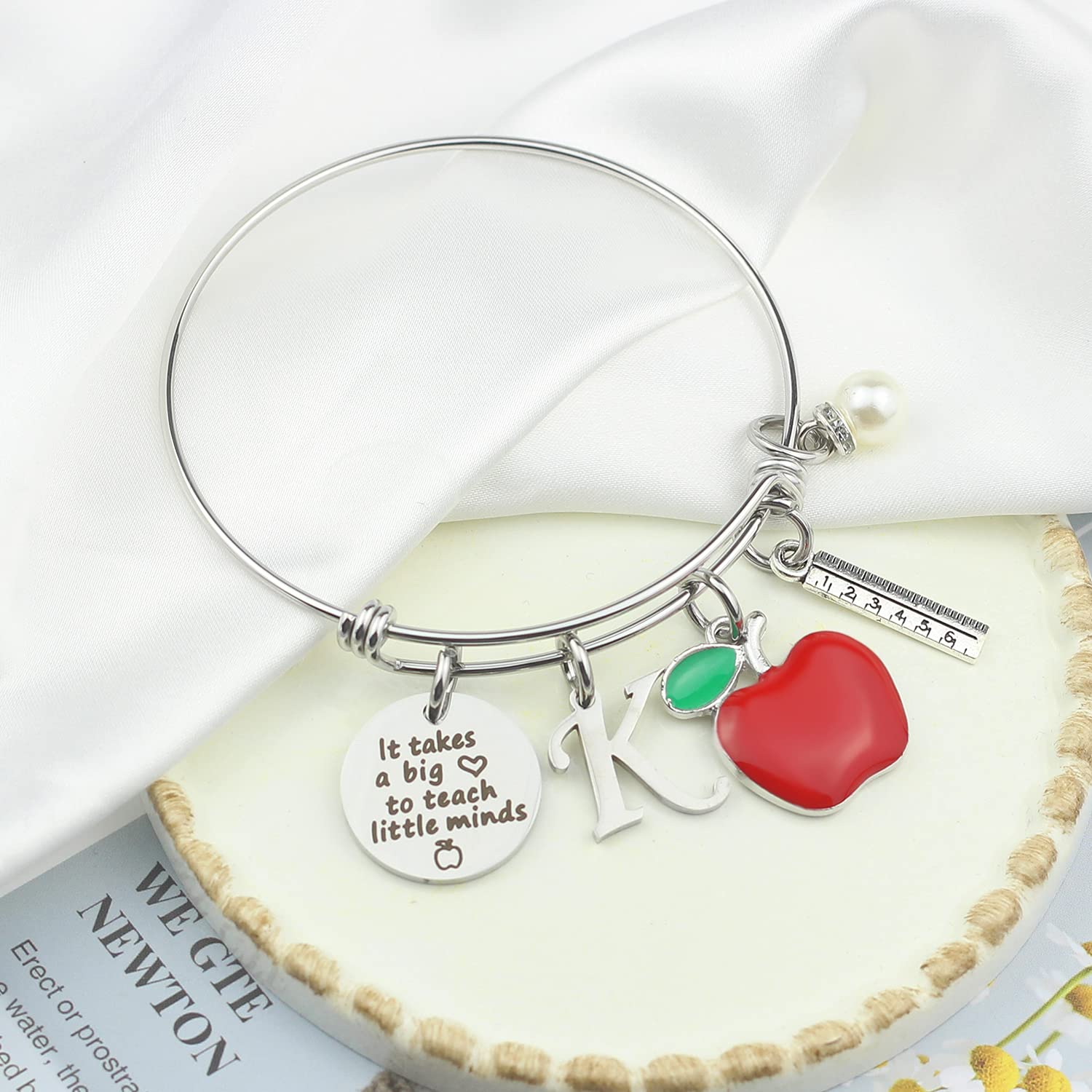 Scwasen Initial Teacher Bracelet for Women - Heart Shaped Teacher Appreciation Jewelry Gift with 'It Takes a Big Heart to Teach Little Minds' Engraving - Perfect Thank You Present for Teachers Day, Graduation, Retirement & Special Occasions