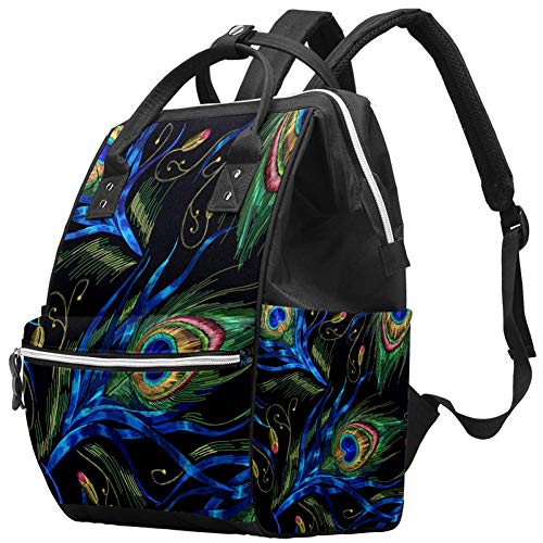Stylish Waterproof Diaper Backpack with Peacock Feather Embroidery - Multi-Functional Baby Care Travel Bag, Insulated Cooler Pocket & Tissue Holder for Moms on the Go | Perfect for Daycare, Outings & Family Trips