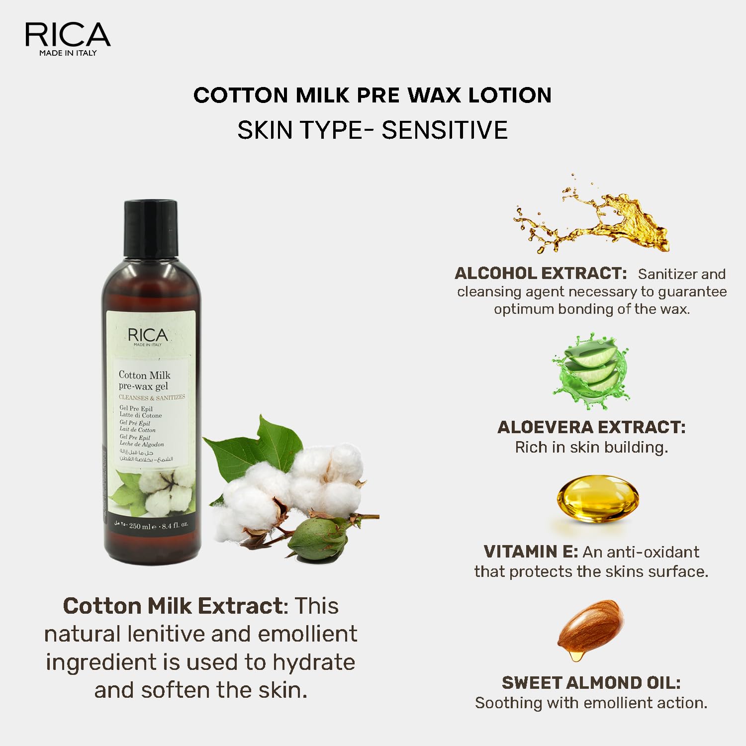 Rica Cotton Milk Pre Waxing Gel - Natural Hair Waxing Preparation with Hydrated & Softened Skin | 250ml | Ideal for Smooth Waxing at Home or Salon