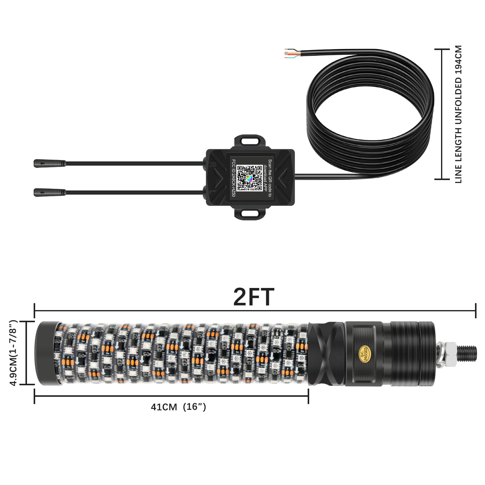 2Pcs 2FT Fat Spiral RGB LED Whip Lights for UTV ATV Truck with Wireless Remote & APP Control - RGB Chasing Lighted Antenna Whips for Polaris RZR, Can-Am, Dune Buggy - Perfect for Night Off-Roading, Camping & Outdoor Adventures