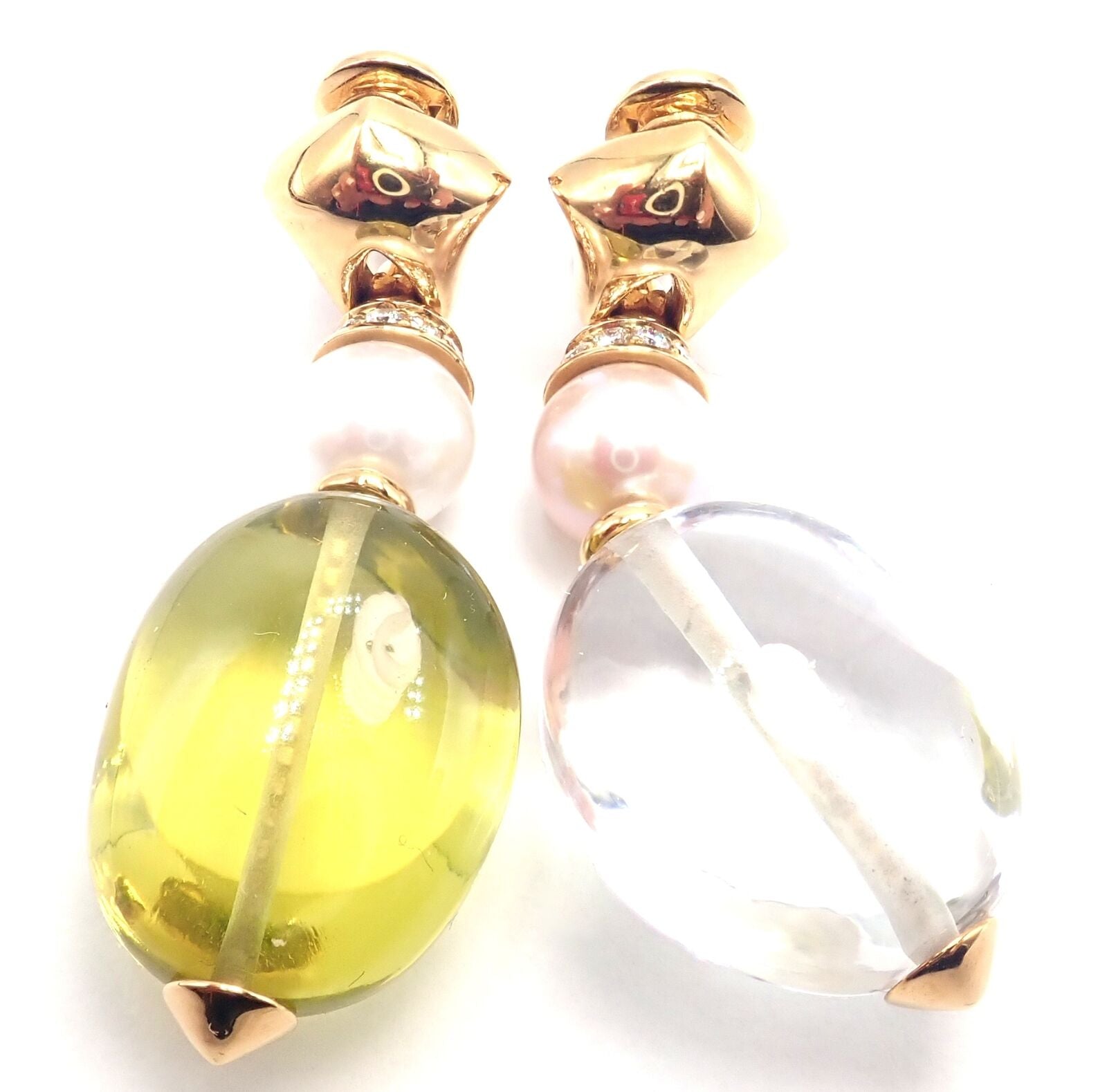 Authentic Bulgari Bvlgari 18k Gold Diamond Pearl Peridot Crystal Drop Earrings for Women - Luxury Statement Jewelry for Parties, Weddings & Special Occasions