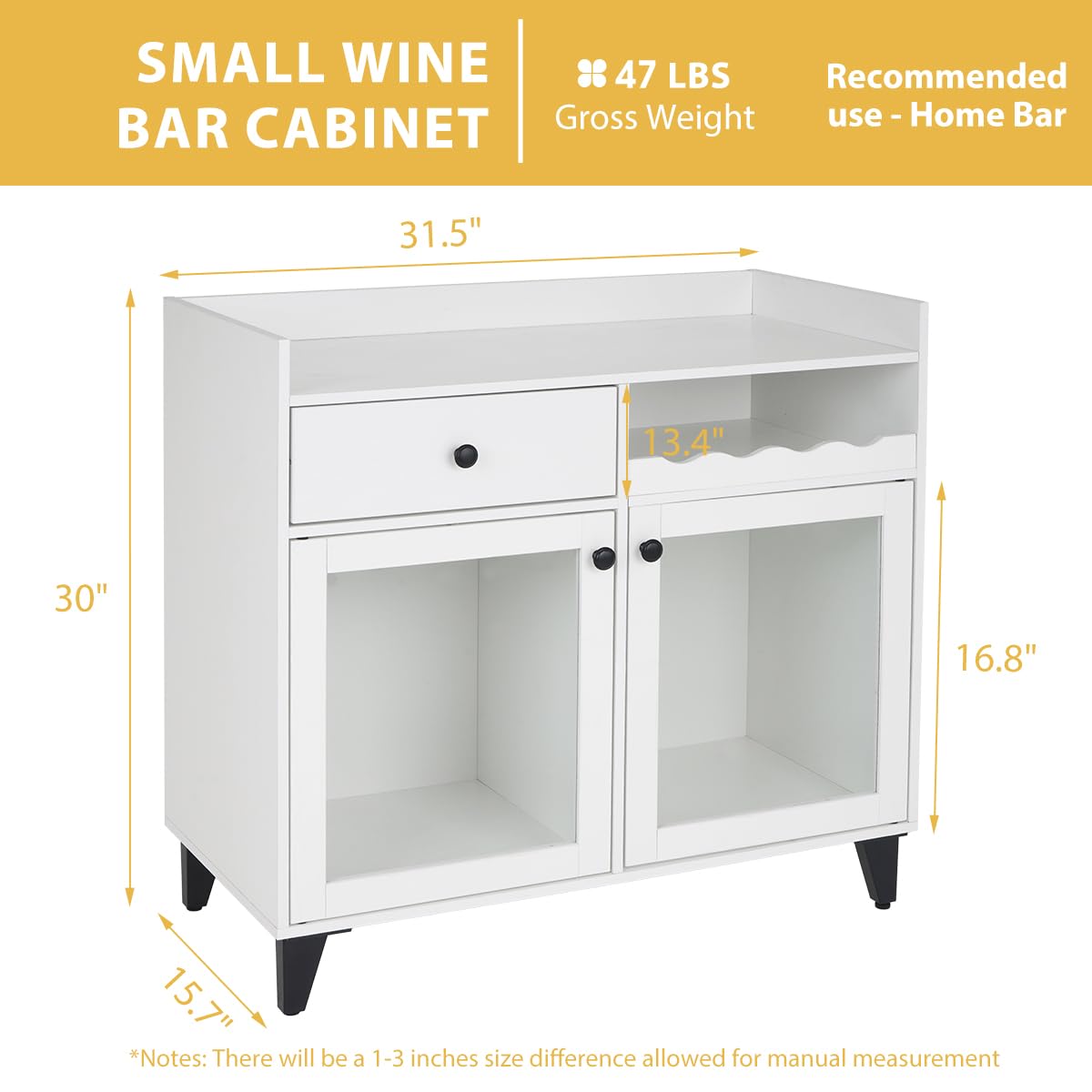 Modern White Wine Liquor Cabinet with LED Lights - Small Coffee Bar Cabinet with Glass Door & Wavy Wine Rack - Farmhouse Buffet Sideboard Storage for Kitchen, Dining Room, Bar & Home Decor