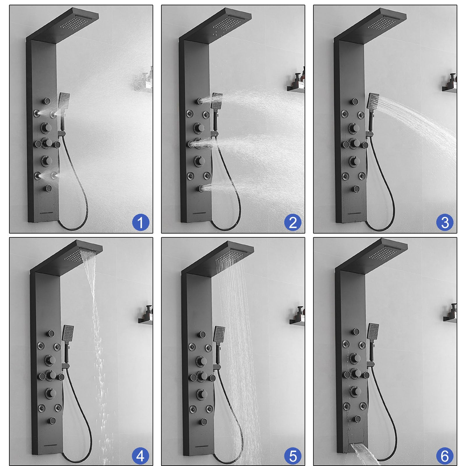 6-in-1 Stainless Steel Shower Panel System with Rainfall Showerhead, Body Jets & Handheld Spray - Black Wall Mount Shower Tower for Spa-Like Relaxation - Perfect for Master Bathrooms & Luxury Home Renovations