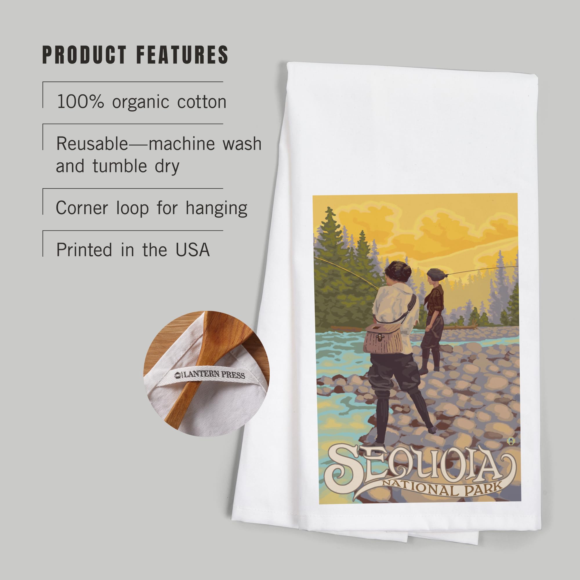 Lantern Press Sequoia National Park Women Fishing Tea Towel - 100% Cotton Decorative Hand Towel for Kitchen, Home Decor & Gifts - Perfect for Dish Drying, Wall Art & Cozy Cabin Decor