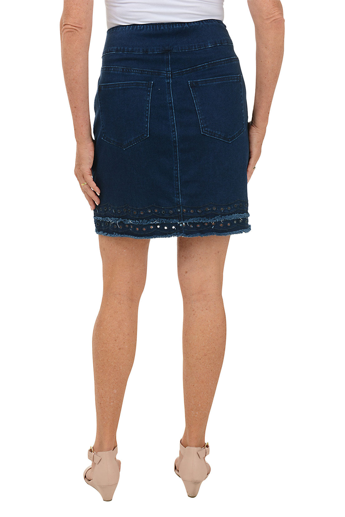Fringe Scallop Embroidered Denim Skirt for Women - Vintage High Waist A-Line Denim Skirt with Boho Embroidery - Perfect for Casual Outfits, Music Festivals & Summer Street Style